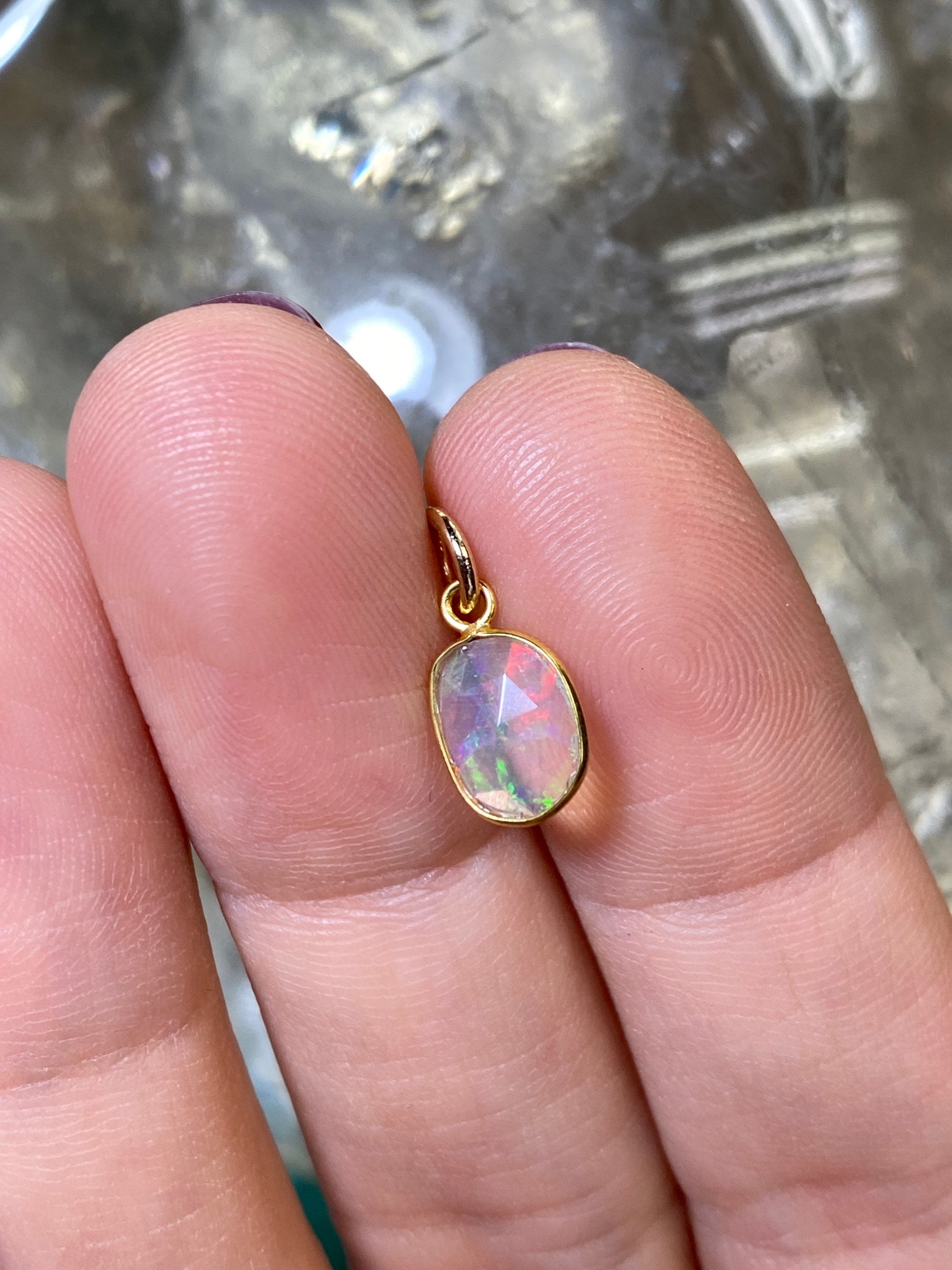 Shimmering Opal Bezeled in Solid 14K Yellow Gold Pendant Charm 15x7mm