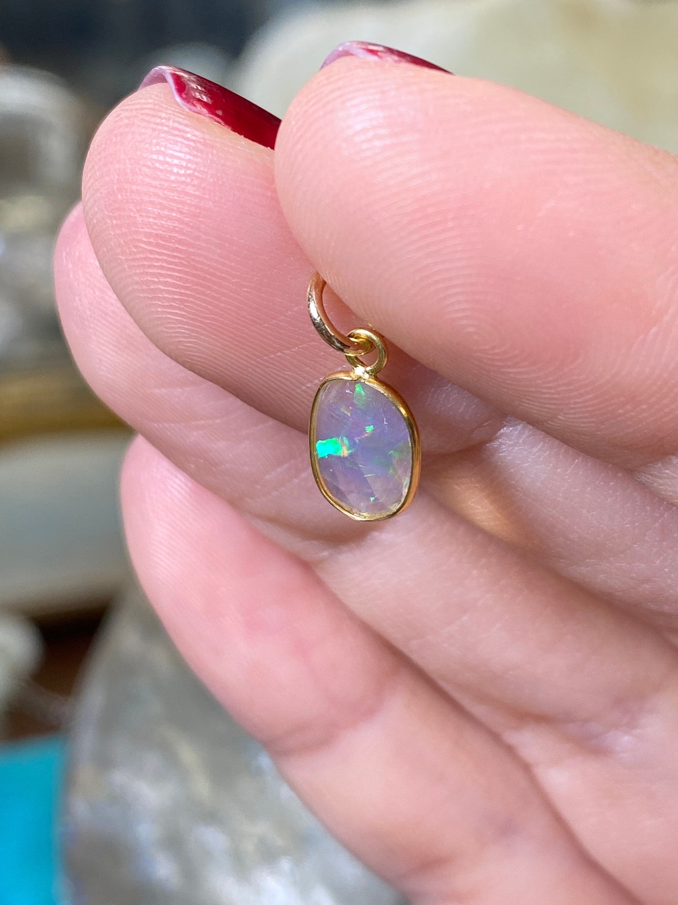 Shimmering Opal Bezeled in Solid 14K Yellow Gold Pendant Charm 15x7mm