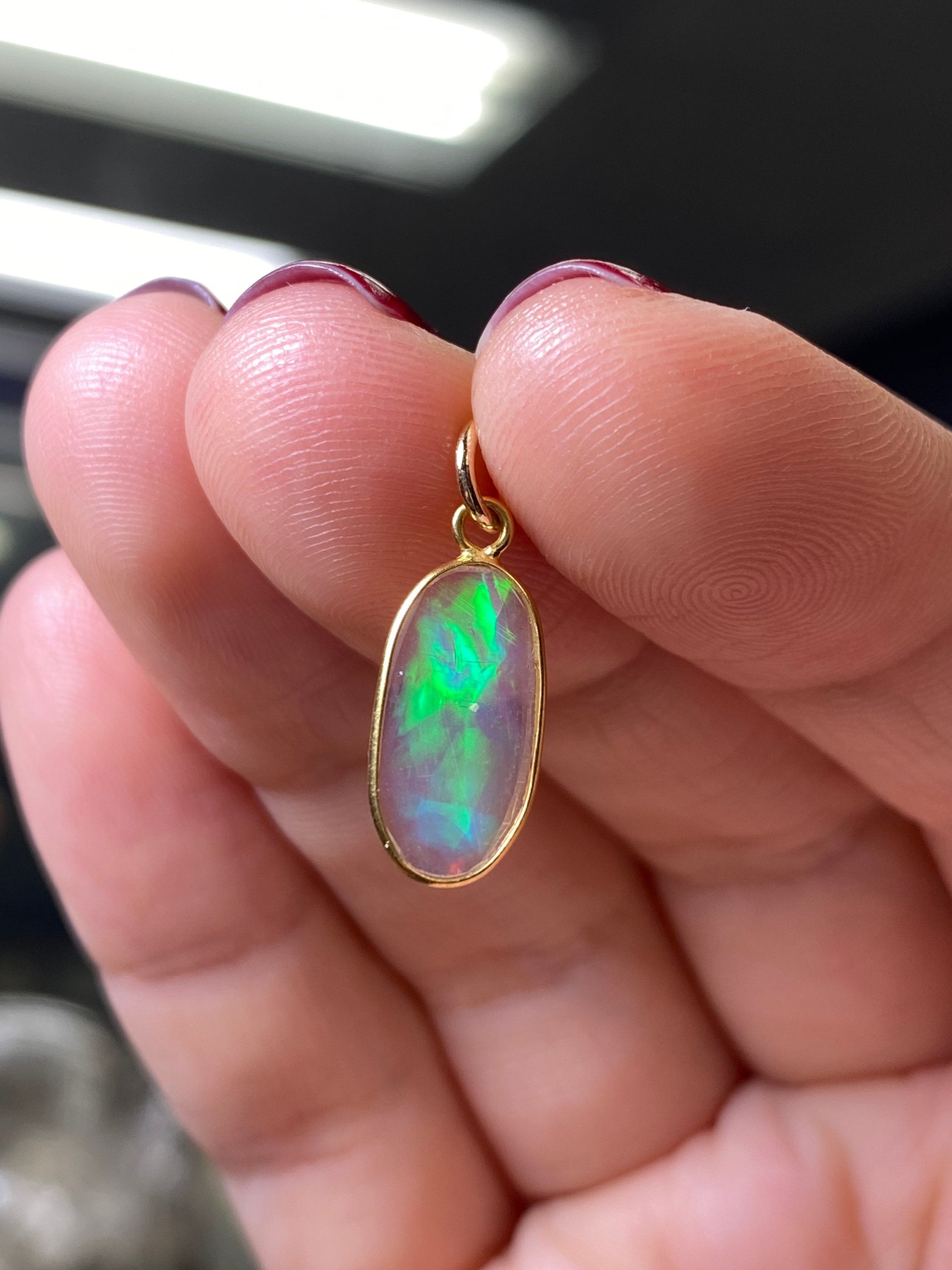Opal Bezeled in Solid 14K Yellow Gold Pendant Charm 20x8mm