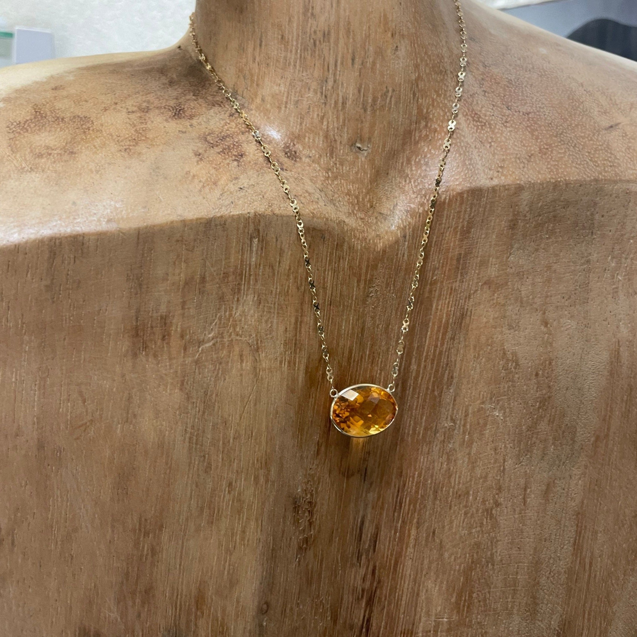 12CT Oval Citrine 16" 14K Yellow Gold Handmade Necklace