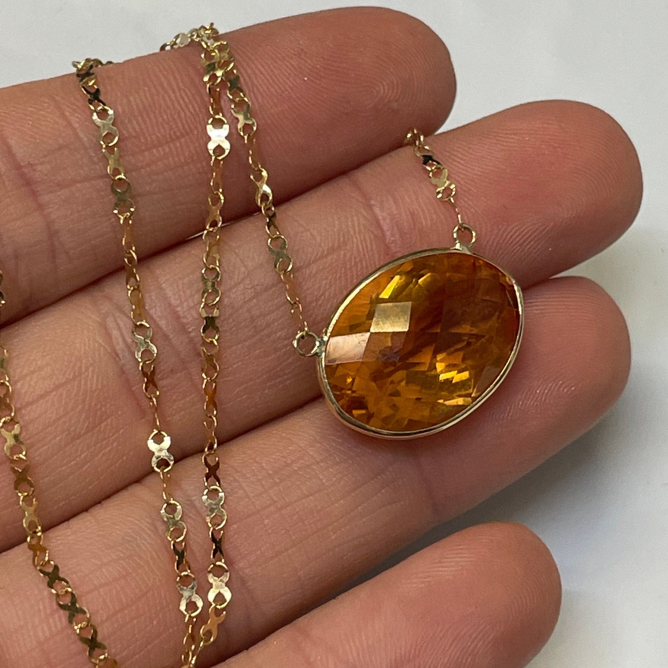 12CT Oval Citrine 16" 14K Yellow Gold Handmade Necklace