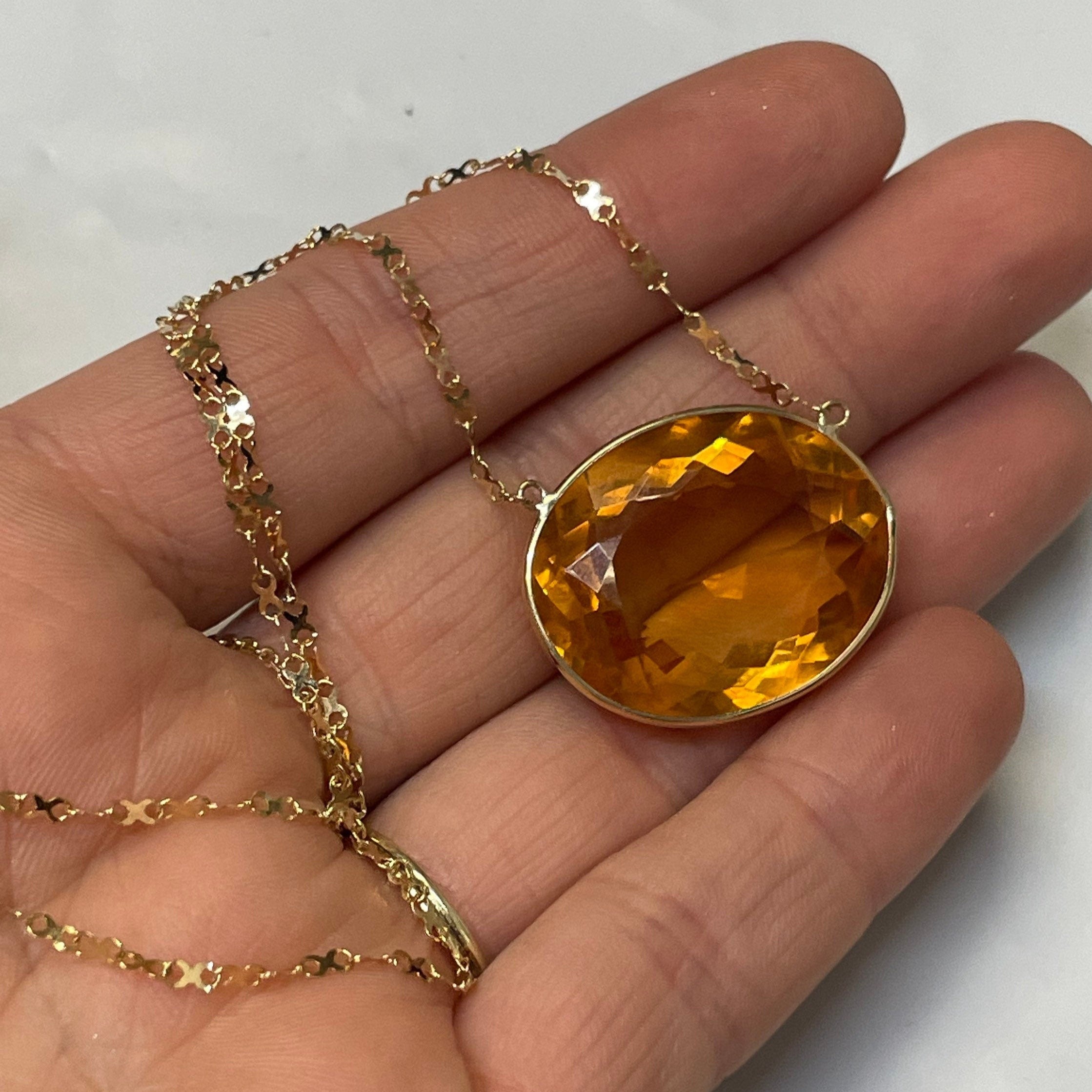 20CT Oval Citrine 16" 14K Yellow Gold Handmade Necklace