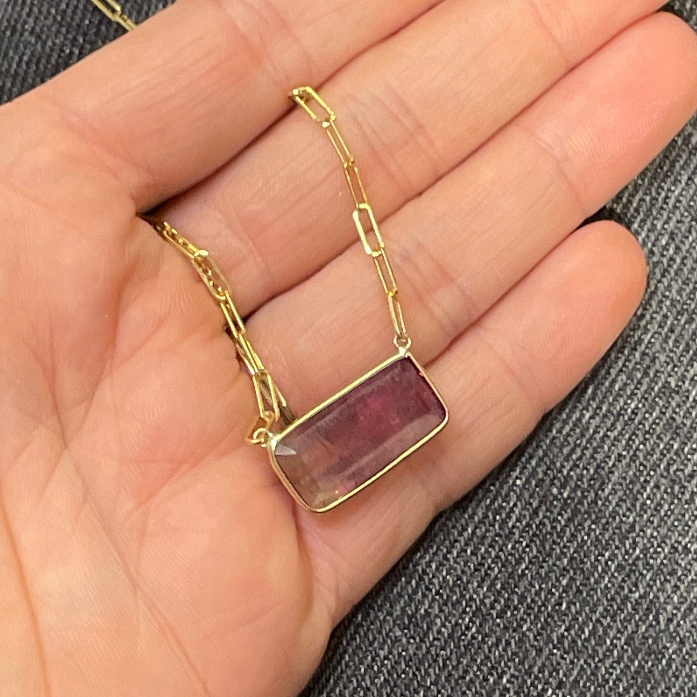 Bicolor Tourmaline 18.5" 14K Yellow Gold Handmade  Necklace