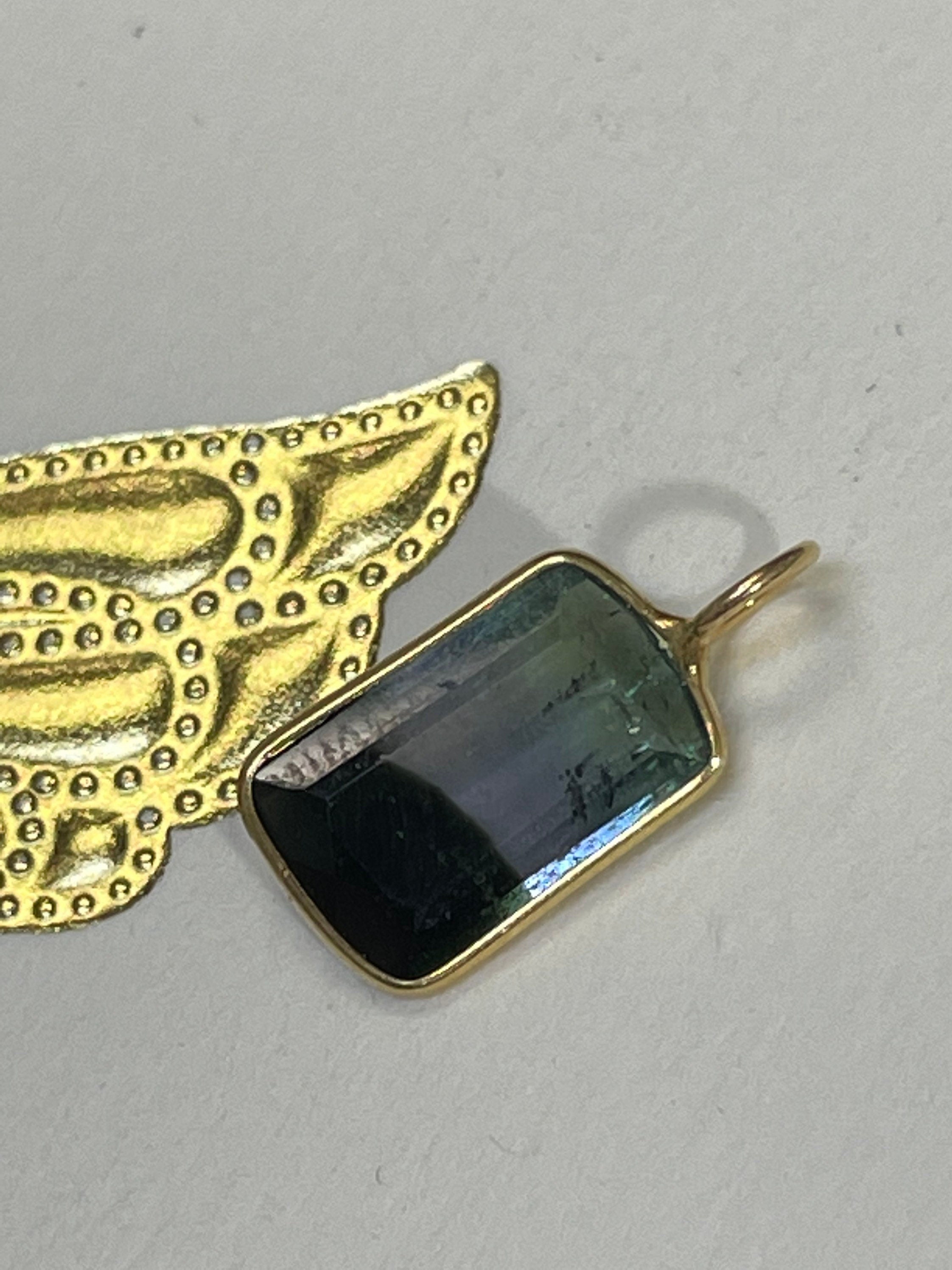 Fine 2CT Natural Vivid Green Purple BiColor Tourmaline in Solid 14K Yellow Gold Pendant Charm 15x15mm