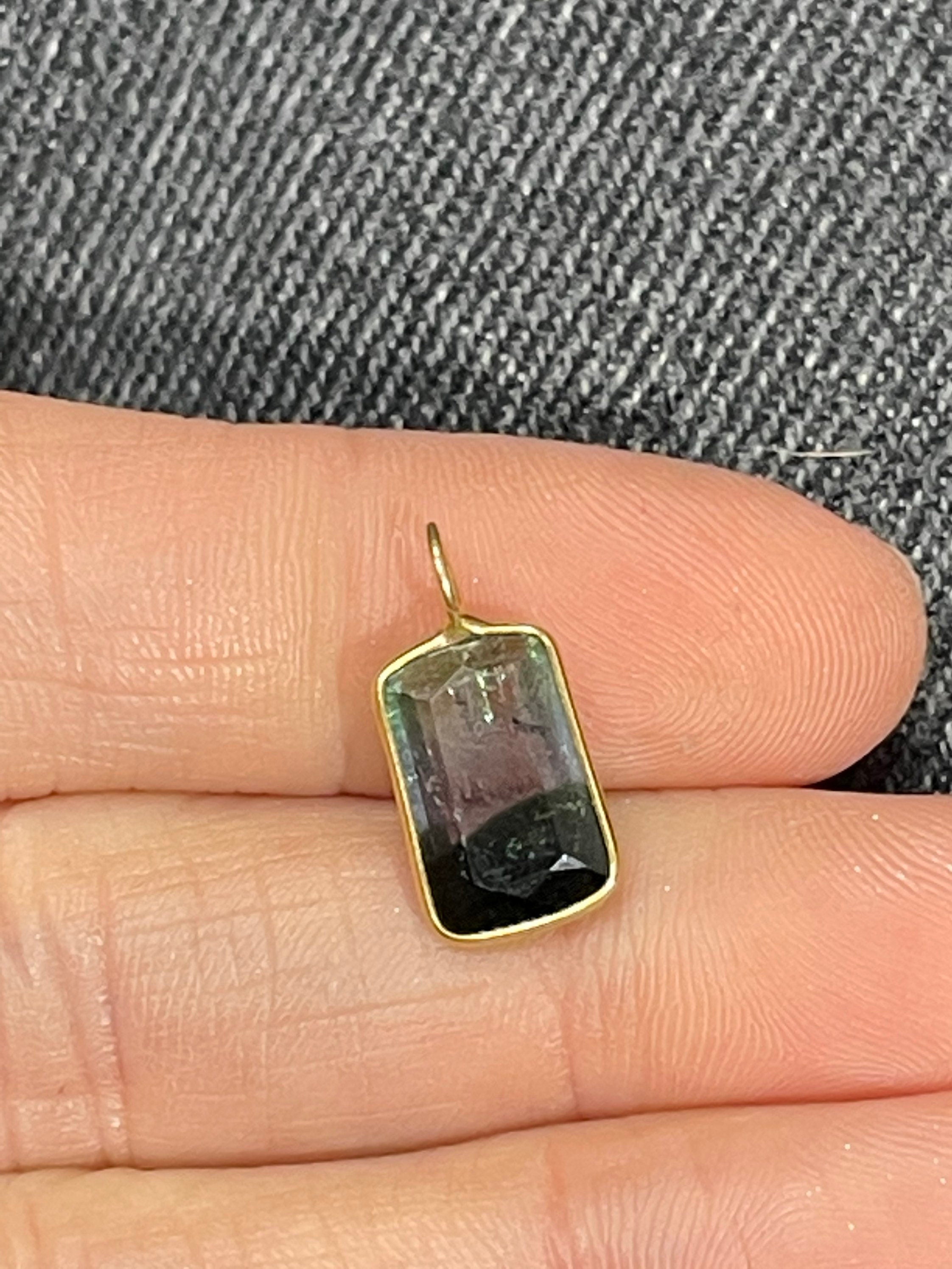 Fine 2CT  Natural Vivid Green Purple BiColor Tourmaline in Solid 14K Yellow Gold Pendant Charm 15x15mm