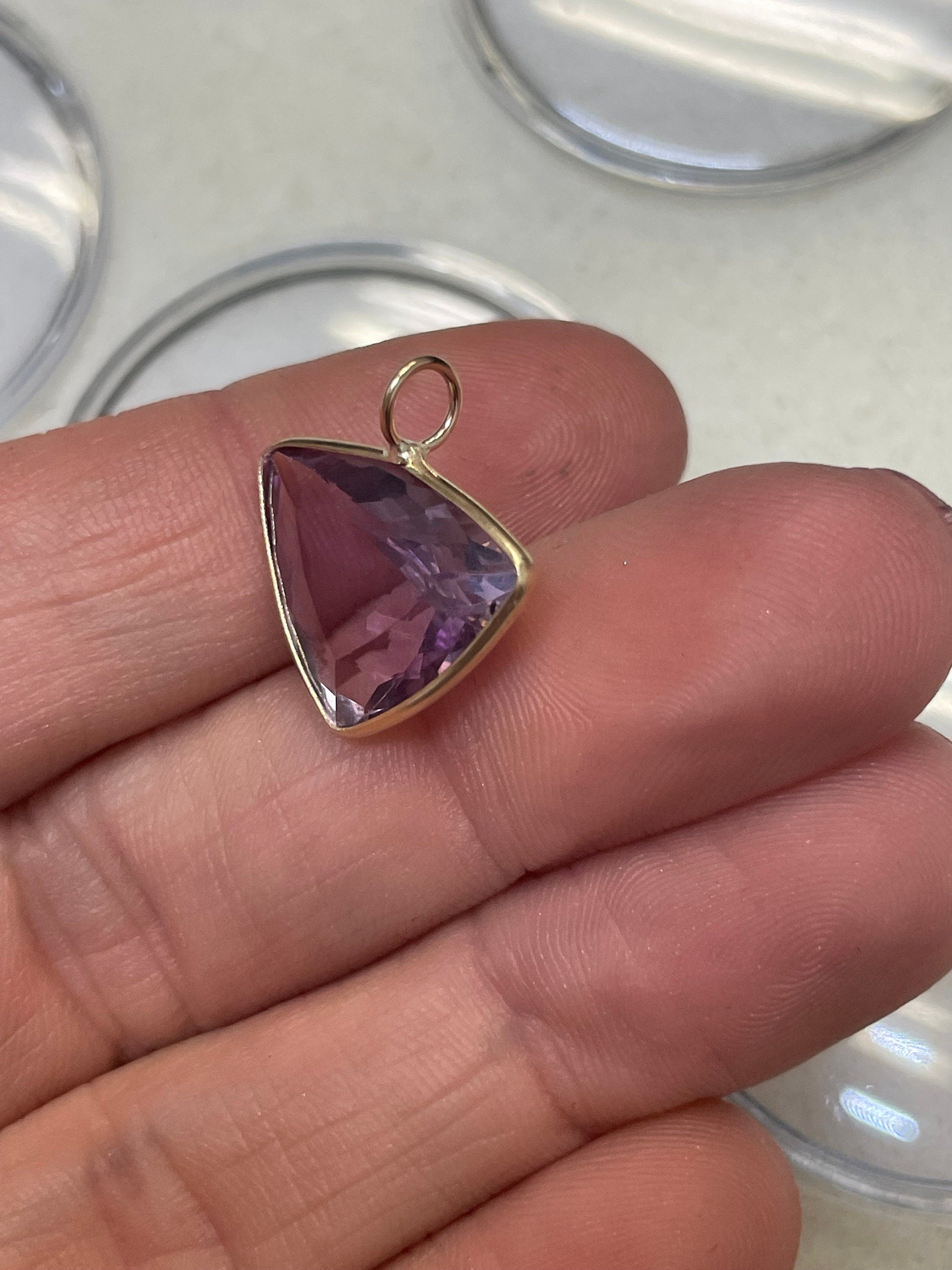 Unique 6CT Triangular Natural Purple Amethyst Gem Charm in Solid 14K Yellow Gold 18x16mm