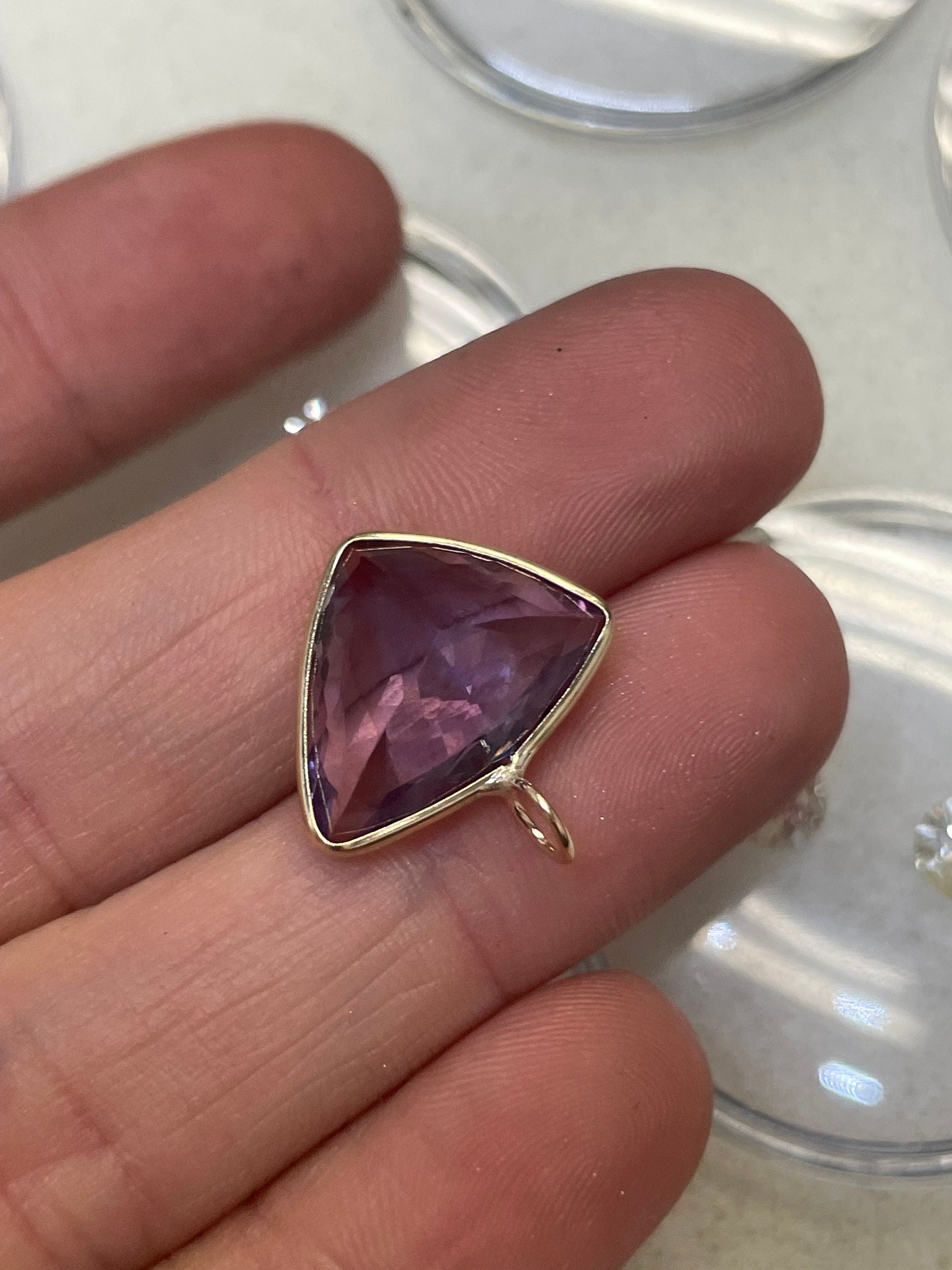 Unique 6CT Triangular Natural Purple Amethyst Gem Charm in Solid 14K Yellow Gold 18x16mm
