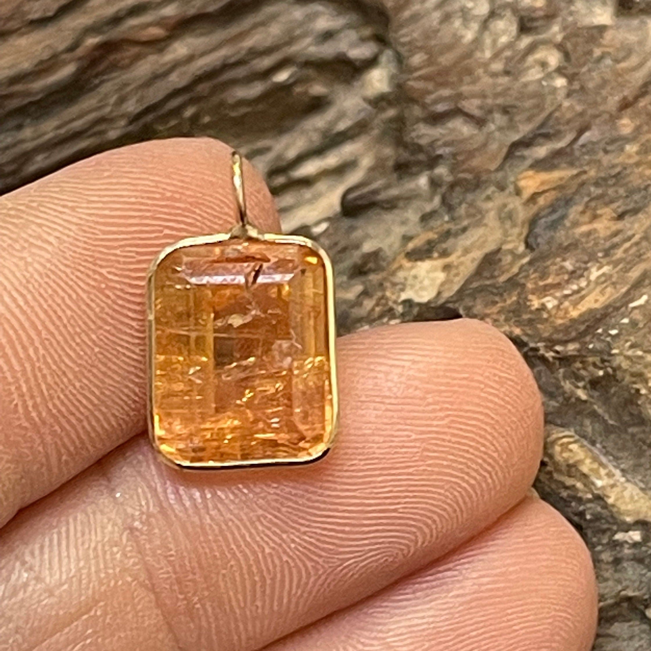 Solid 14K Yellow Gold Imperial Topaz  Pendant Charm Handmade 16mm x 10mm