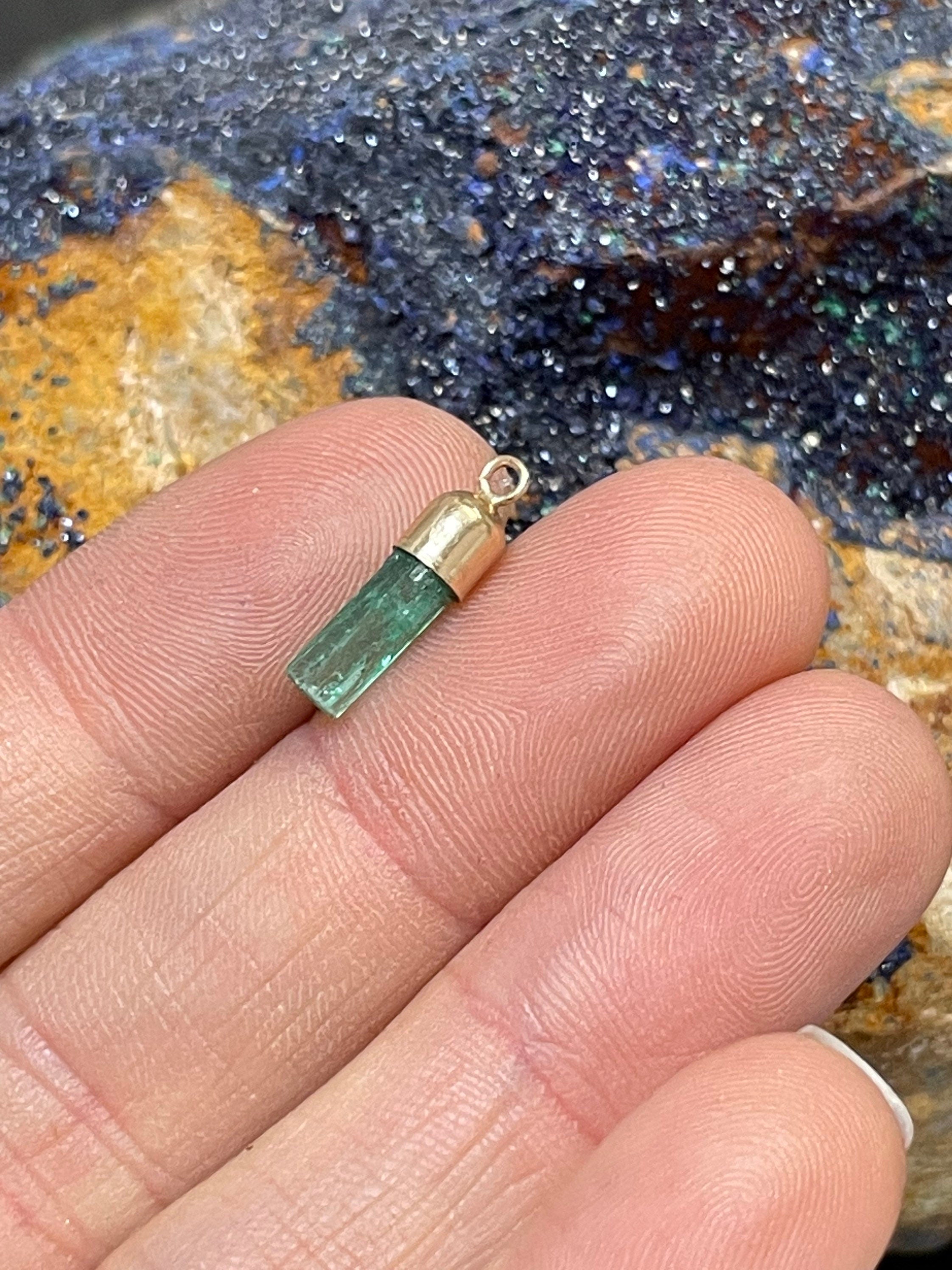 14K Yellow Gold Rough Colombian Emerald Crystal Pendant Charm 15x4mm