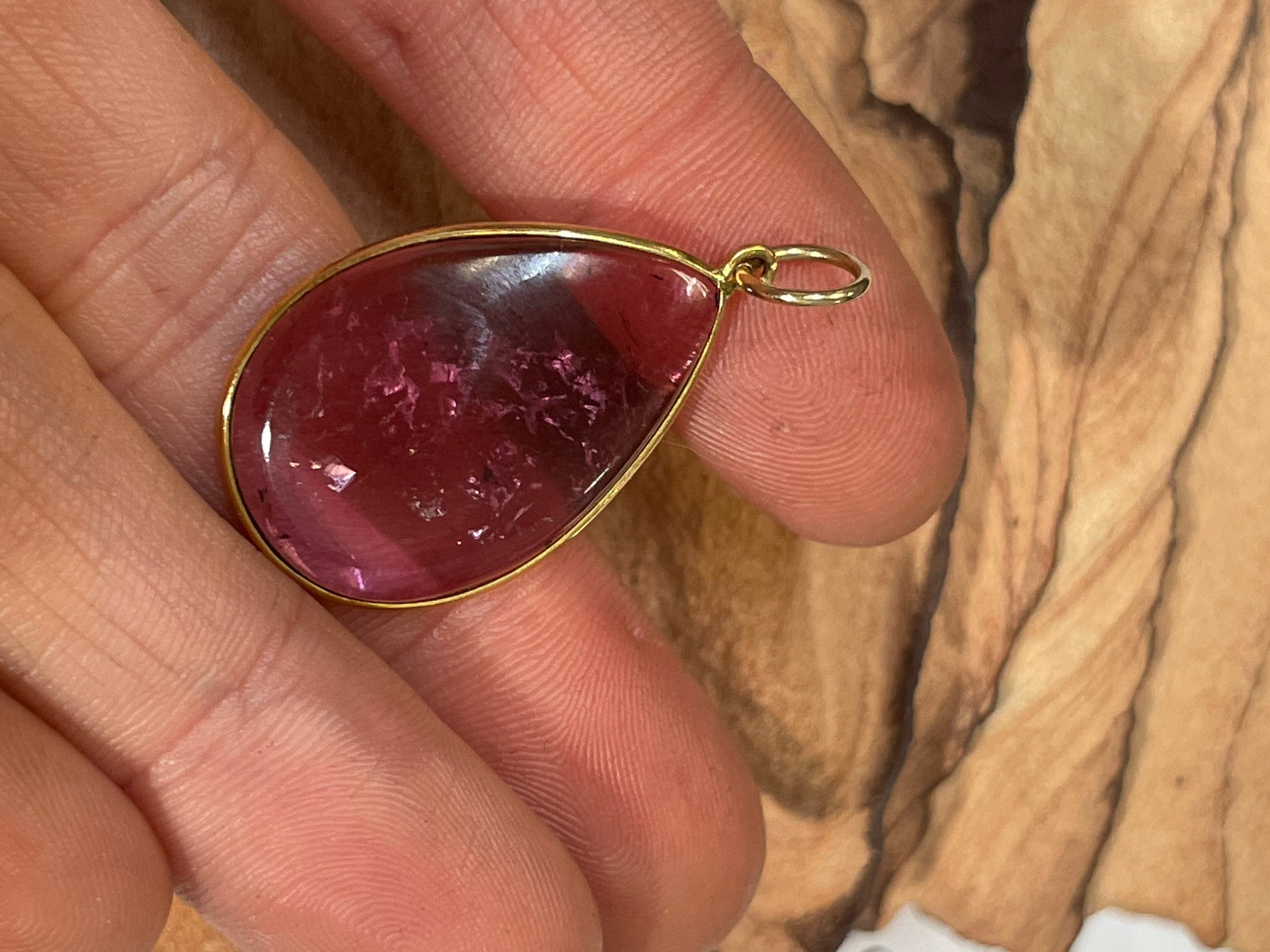 6CT Natural Purplish Fuccia Tourmaline Pear Shape in Solid 14K Yellow Gold Pendant Charm 25mm