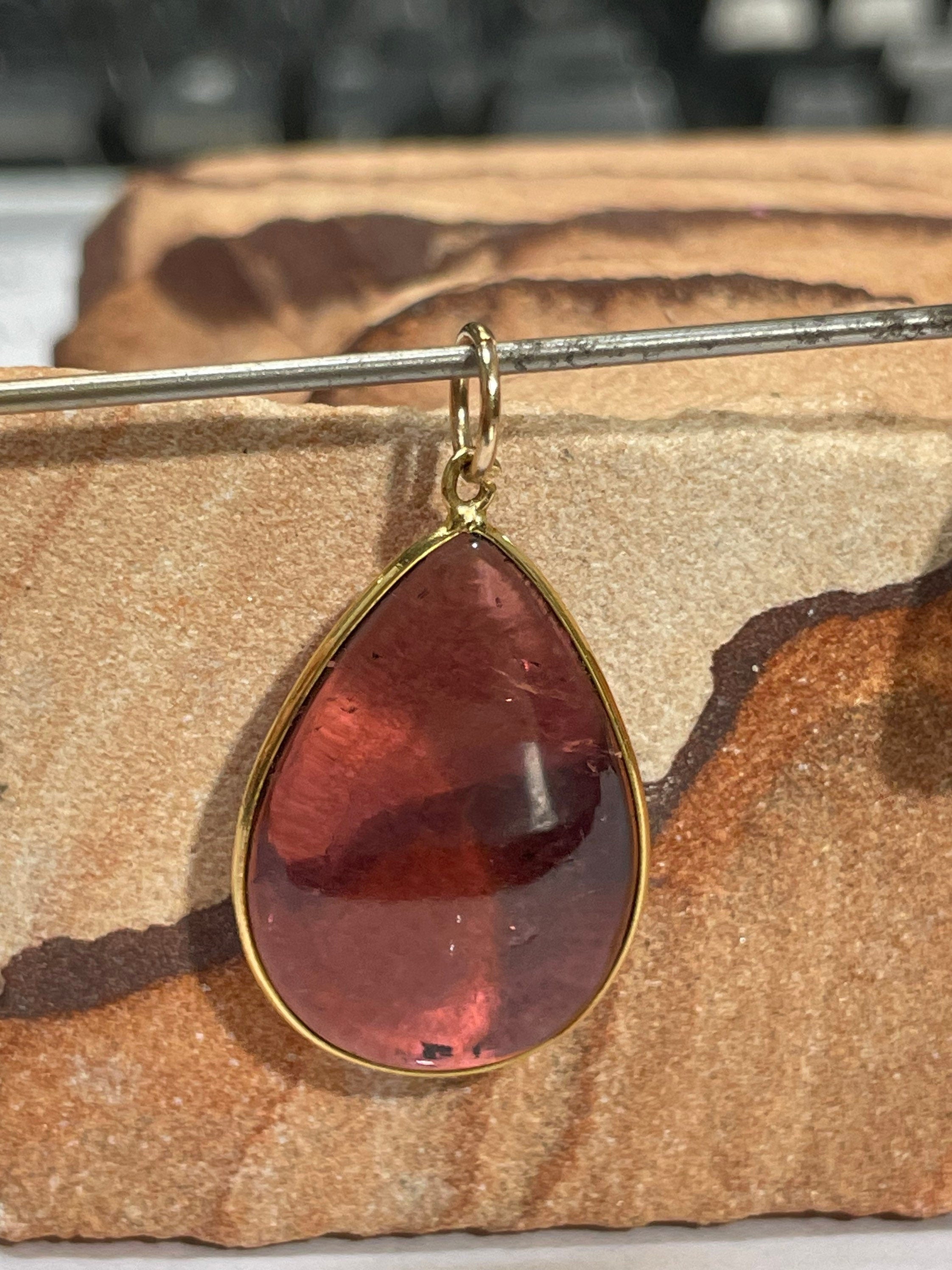 6CT Natural Purplish Fuccia Tourmaline Pear Shape in Solid 14K Yellow Gold Pendant Charm 25mm