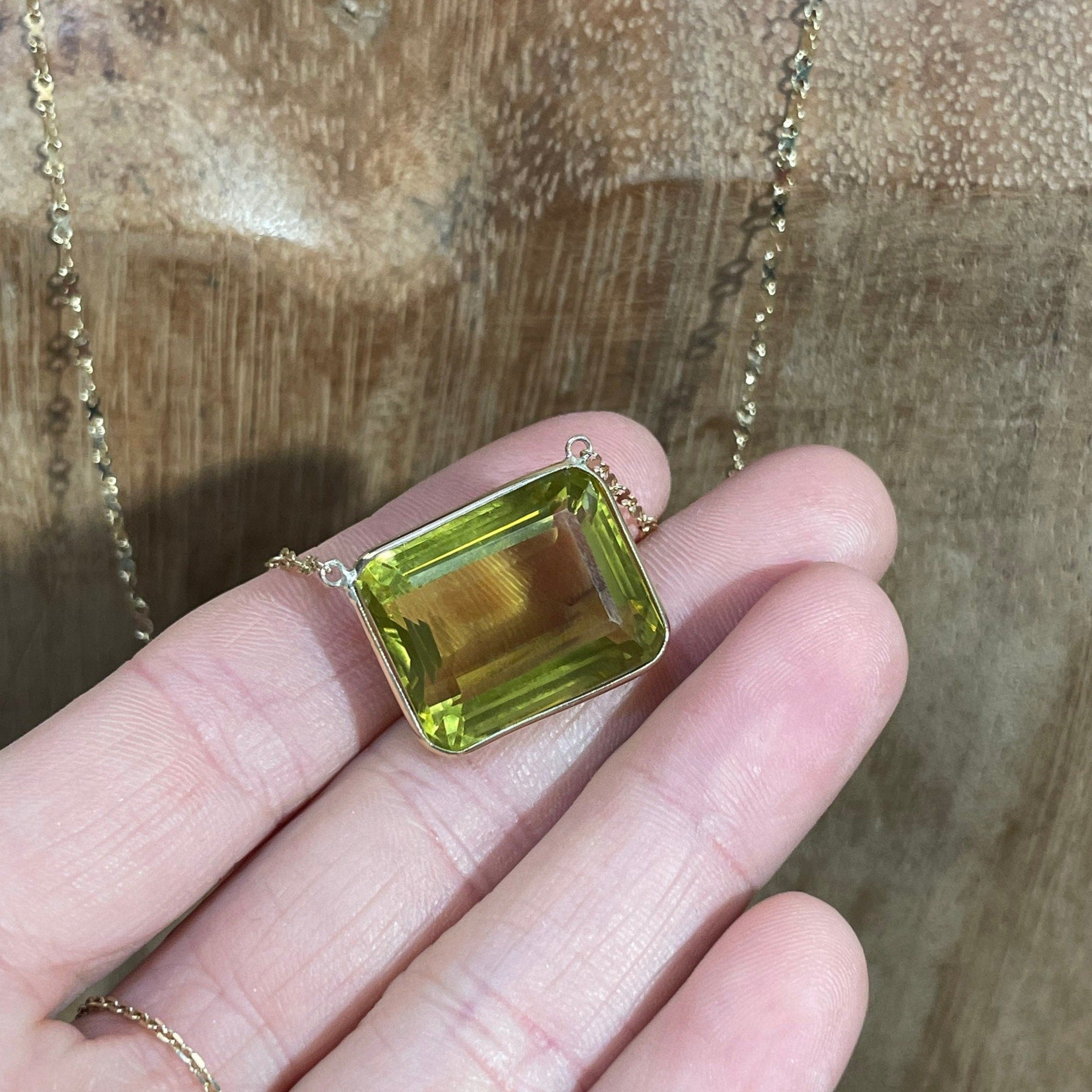 15CT Greenish Citrine Quartz 20" 14K Yellow Gold Fancy Link Necklace