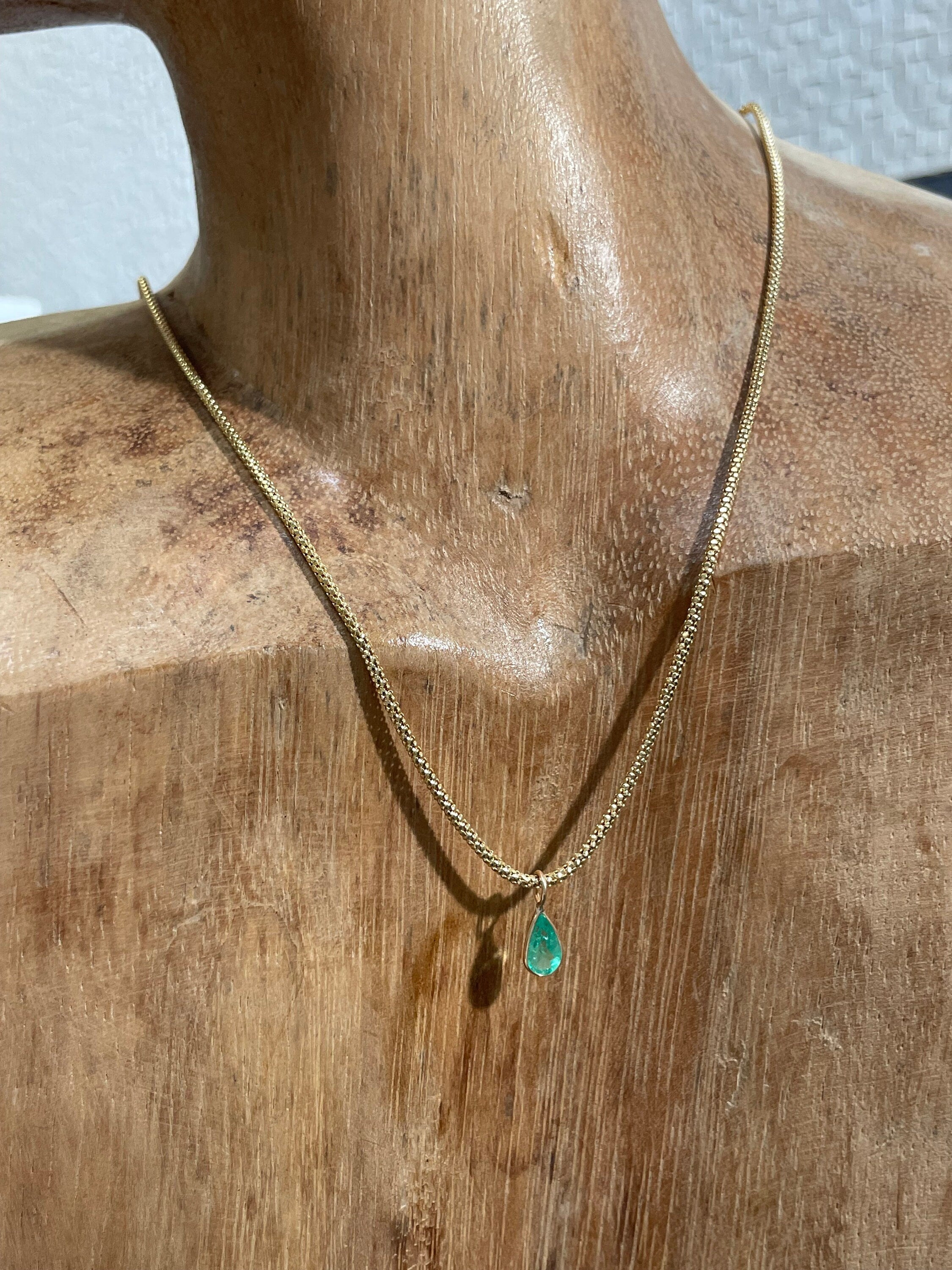 Shimmering! .65CT Natural Colombian Emerald 14K Yellow Gold Bezeled Charm Pendant OOAK 8x5mm