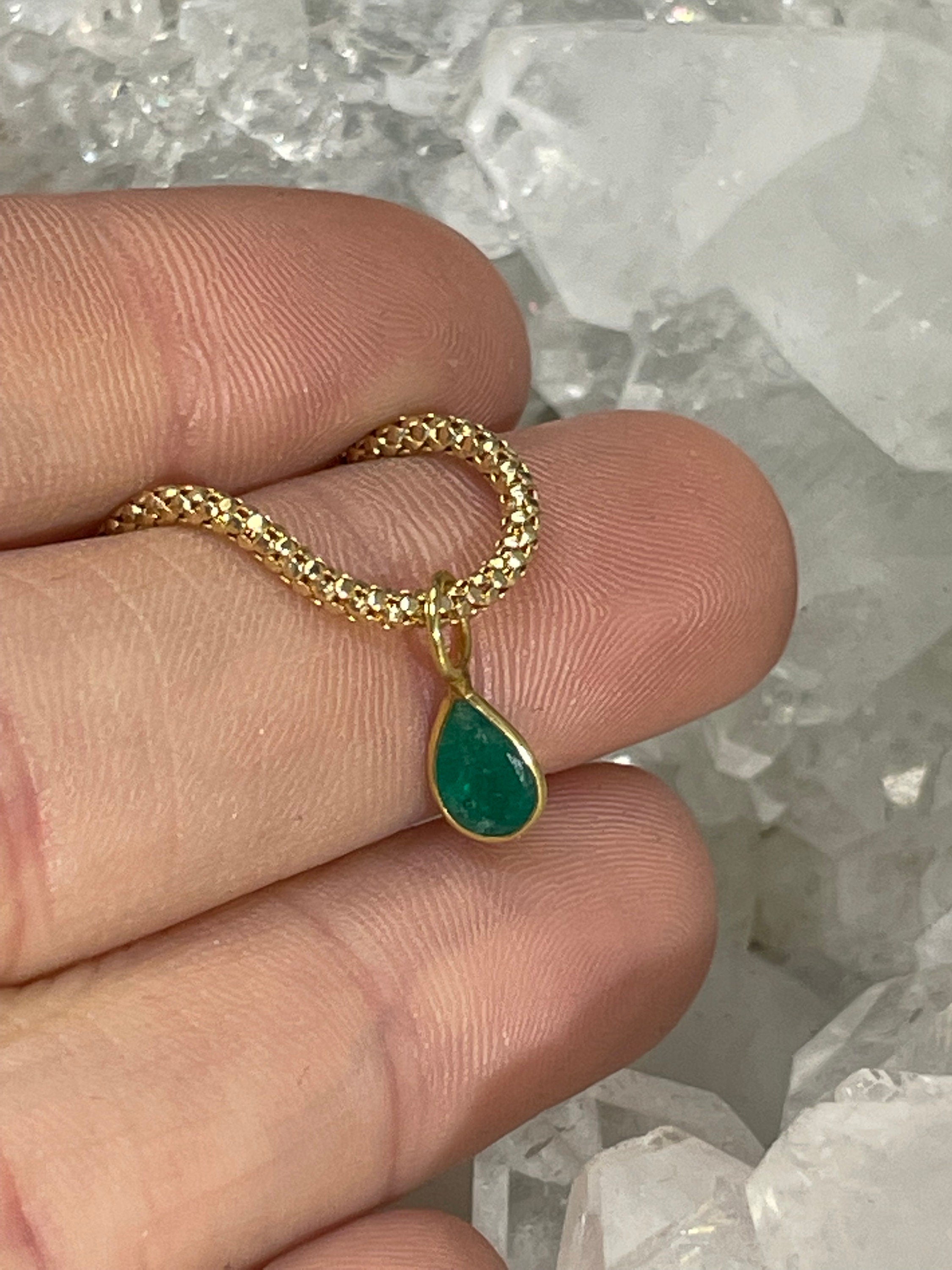 Shimmering! .47CT Natural Colombian Emerald 14K Yellow Gold Bezeled Charm Pendant 11x4mm