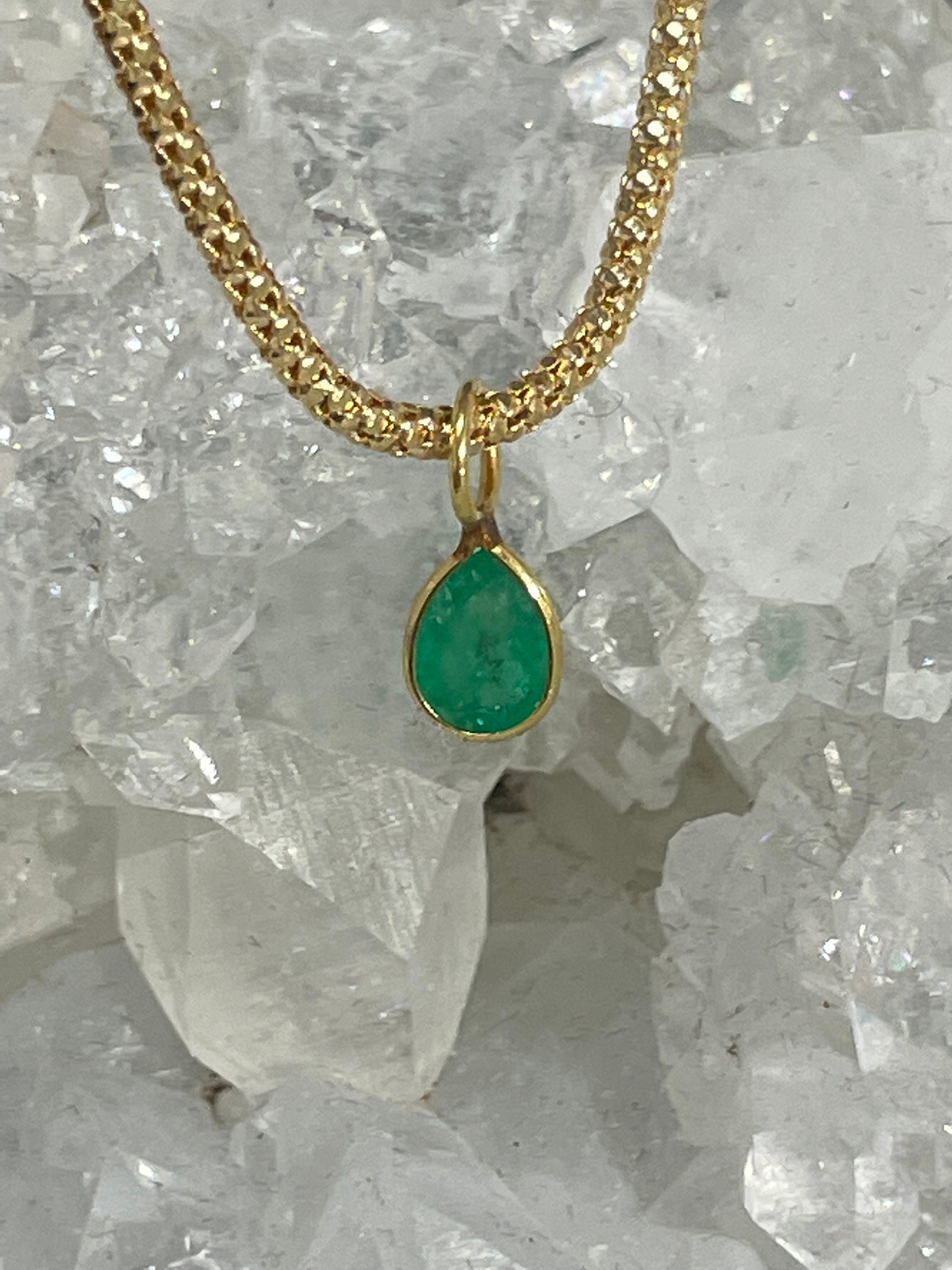 Shimmering! .47CT Natural Colombian Emerald 14K Yellow Gold Bezeled Charm Pendant 11x4mm