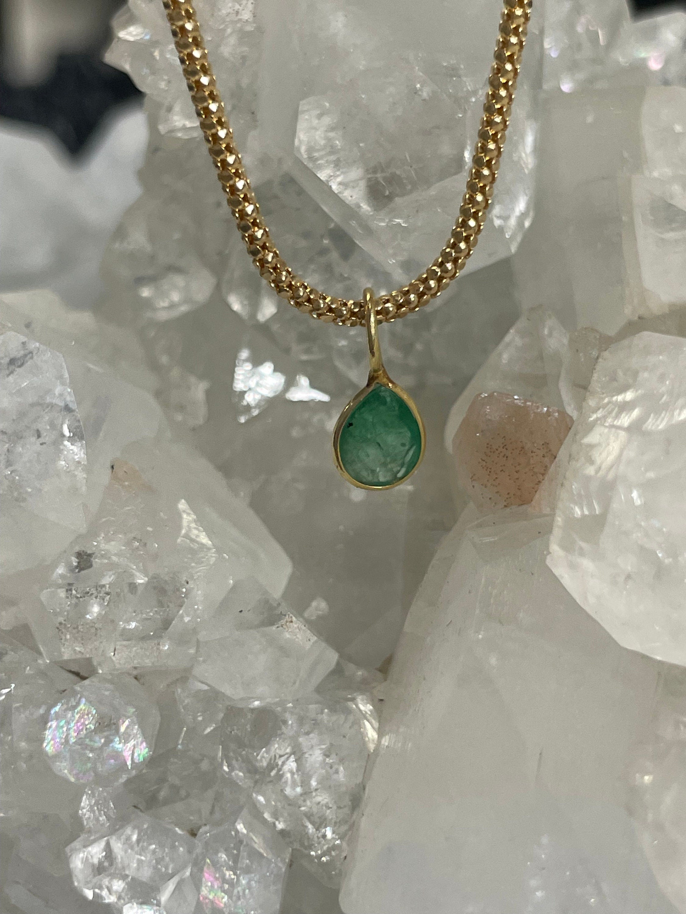 Shimmering! .65CT Natural Colombian Emerald 14K Yellow Gold Bezeled Charm Pendant OOAK 12x5mm