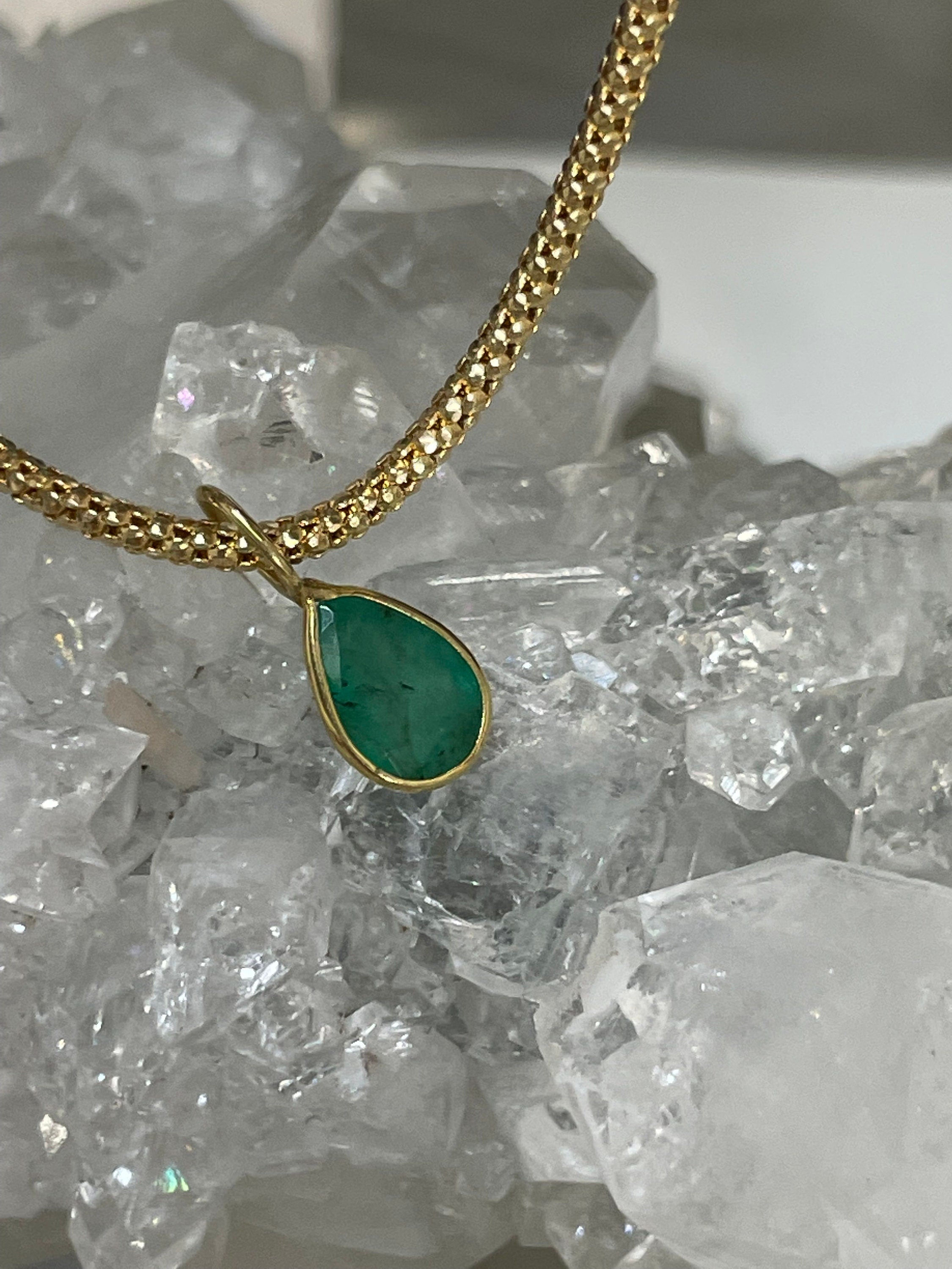 Shimmering! .67CT Natural Colombian Emerald 14K Yellow Gold Bezeled Charm Pendant OOAK 11x4mm
