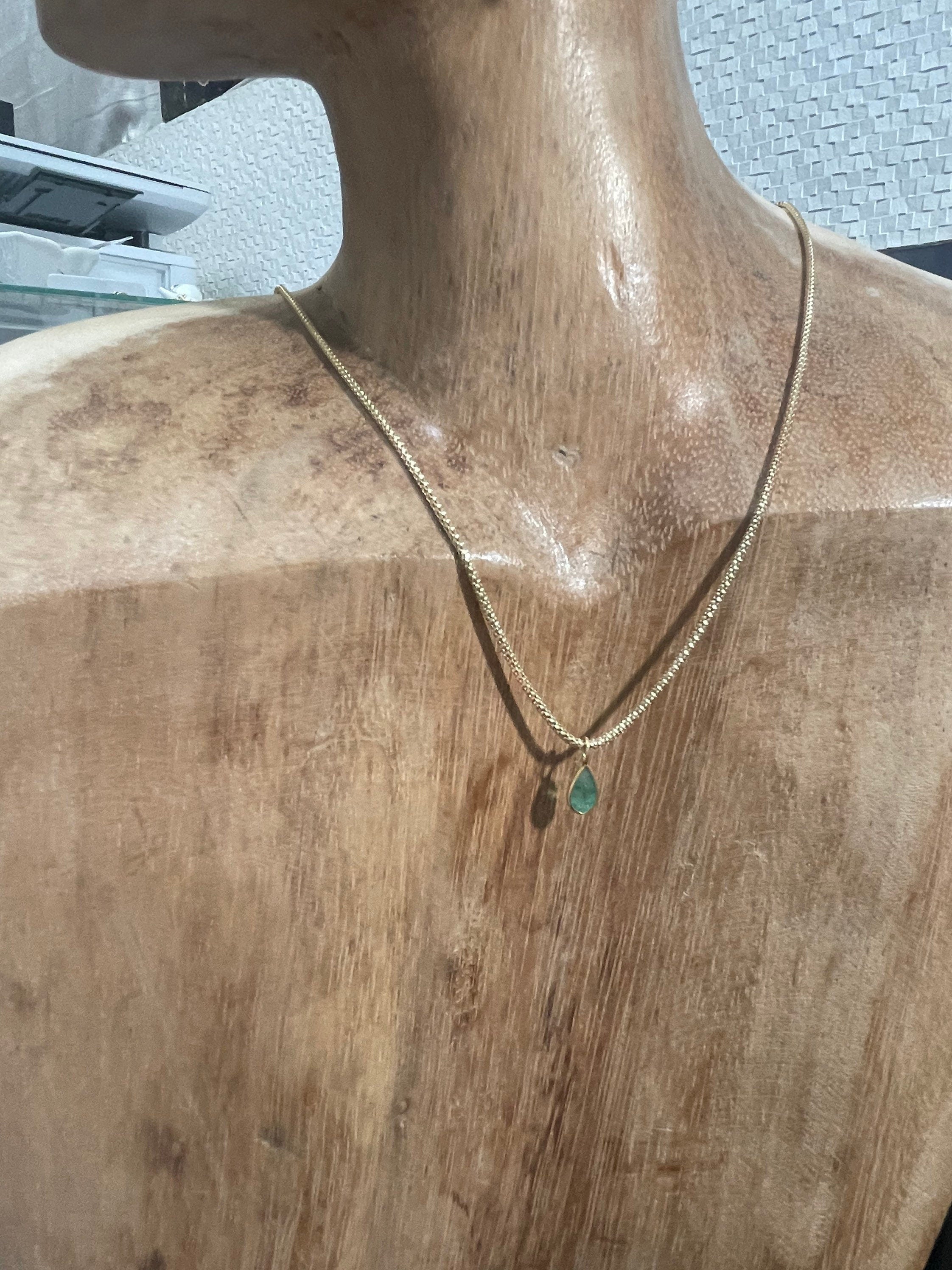 Shimmering! .90CT Natural Colombian Emerald 14K Yellow Gold Bezeled Charm Pendant OOAK 15X5mm
