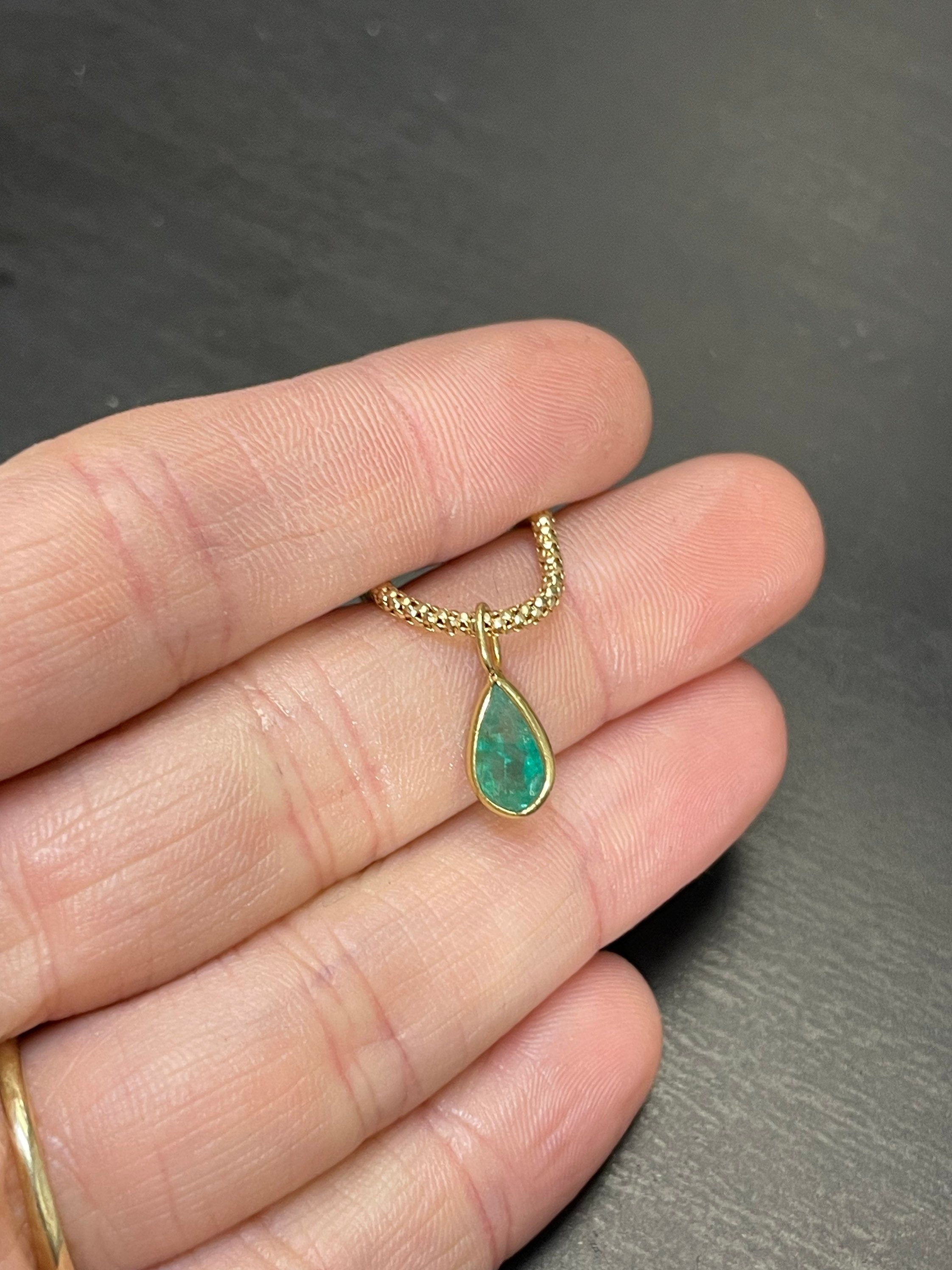 Shimmering! .90CT Natural Colombian Emerald 14K Yellow Gold Bezeled Charm Pendant OOAK 15X5mm