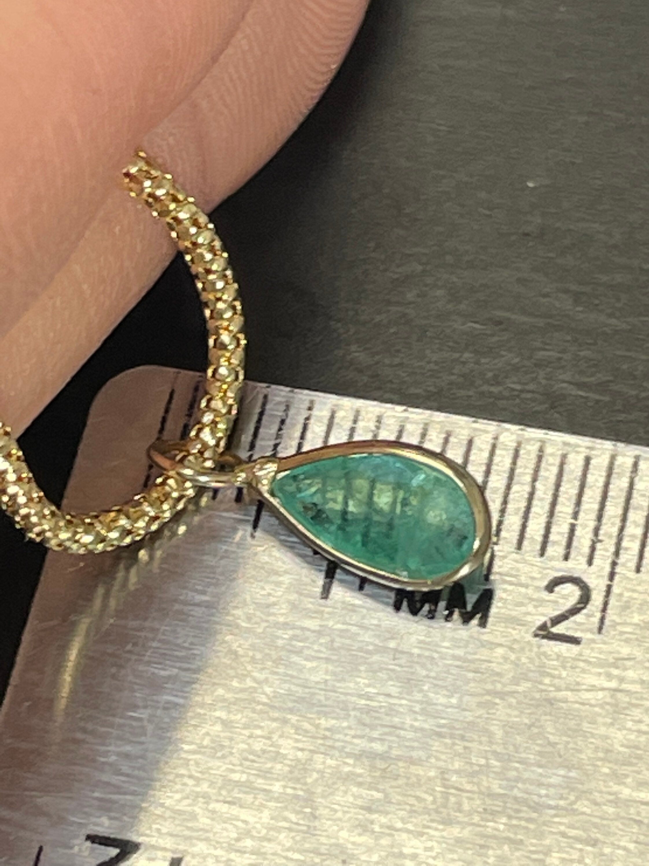 Shimmering! 1.1CT Natural Colombian Emerald 14K Yellow Gold Bezeled Charm Pendant OOAK 15X5mm