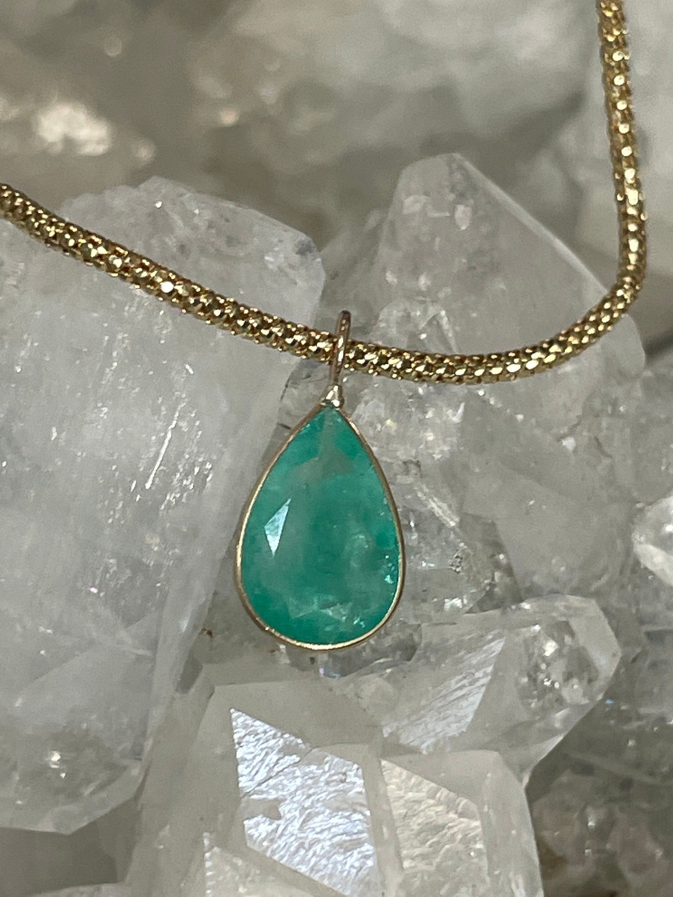Shimmering! 2.9CT Natural Colombian Emerald 14K Yellow Gold Bezeled Charm Pendant OOAK 17x11mm