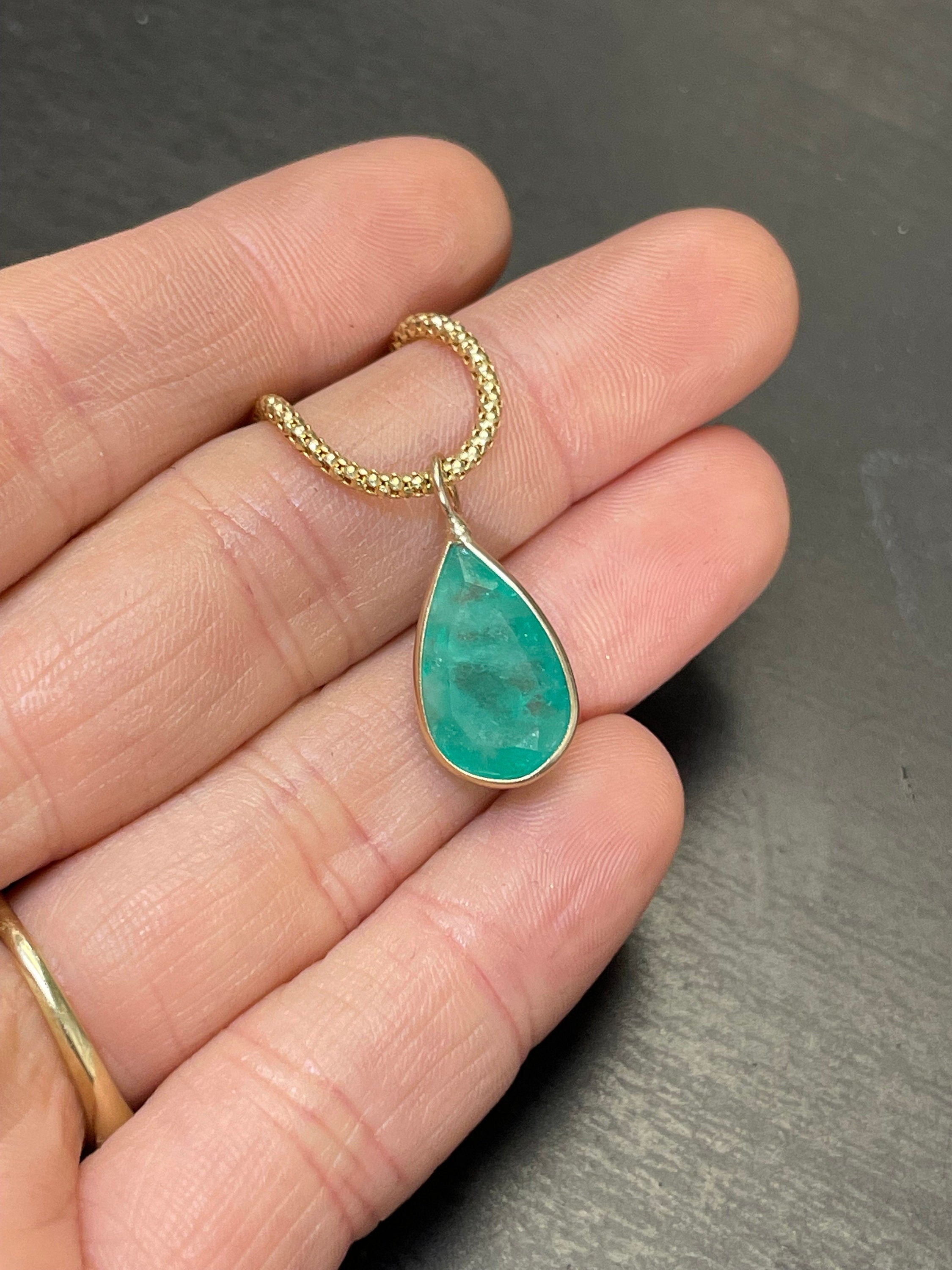 Glowing Green 4.5CT Natural Colombian Emerald 14K Yellow Gold Bezeled Charm Pendant OOAK 17x8mm