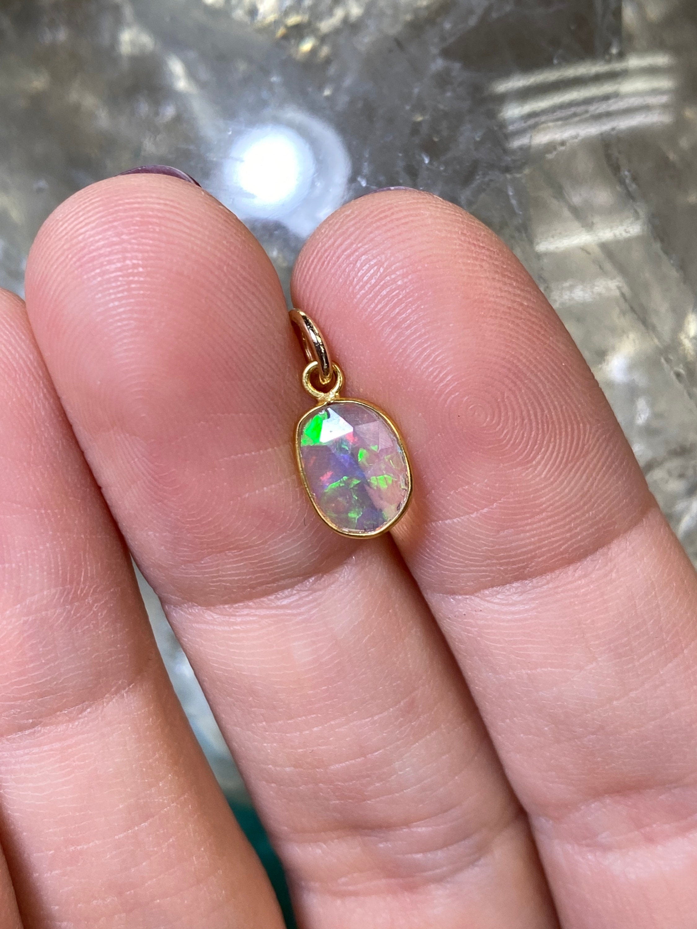 Shimmering Opal Bezeled in Solid 14K Yellow Gold Pendant Charm 15x7mm