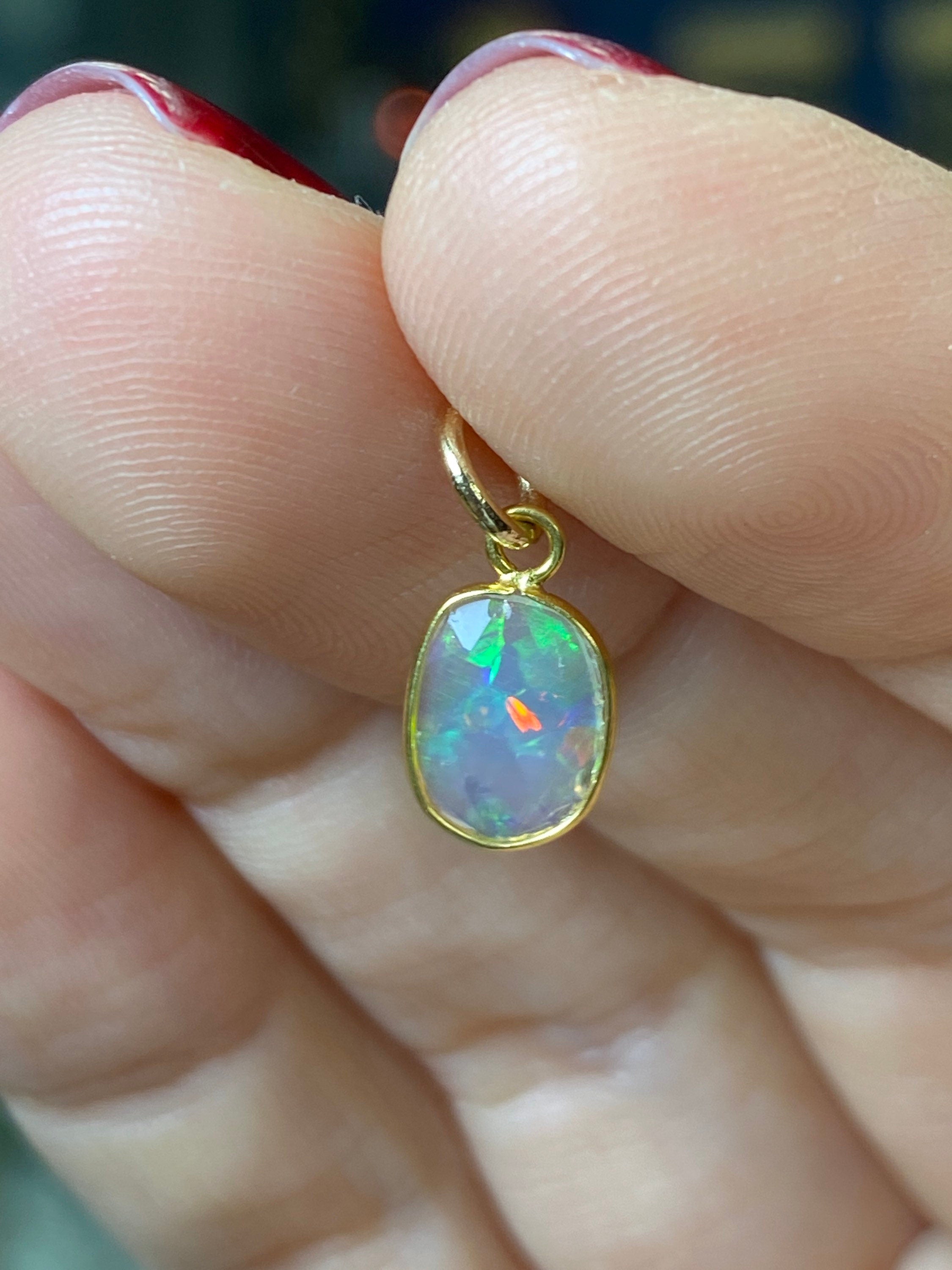 Shimmering Opal Bezeled in Solid 14K Yellow Gold Pendant Charm 15x7mm