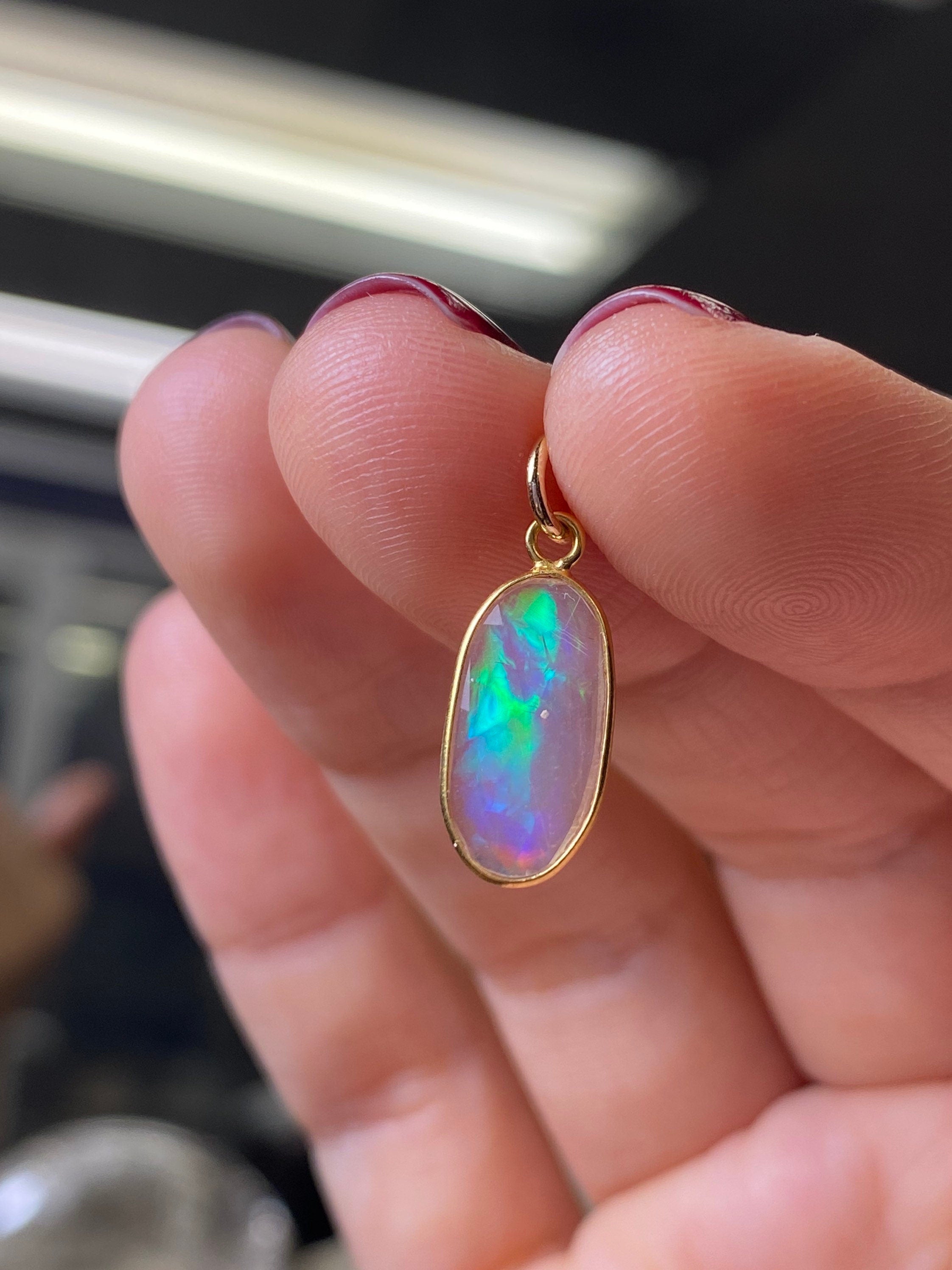 Opal Bezeled in Solid 14K Yellow Gold Pendant Charm 20x8mm