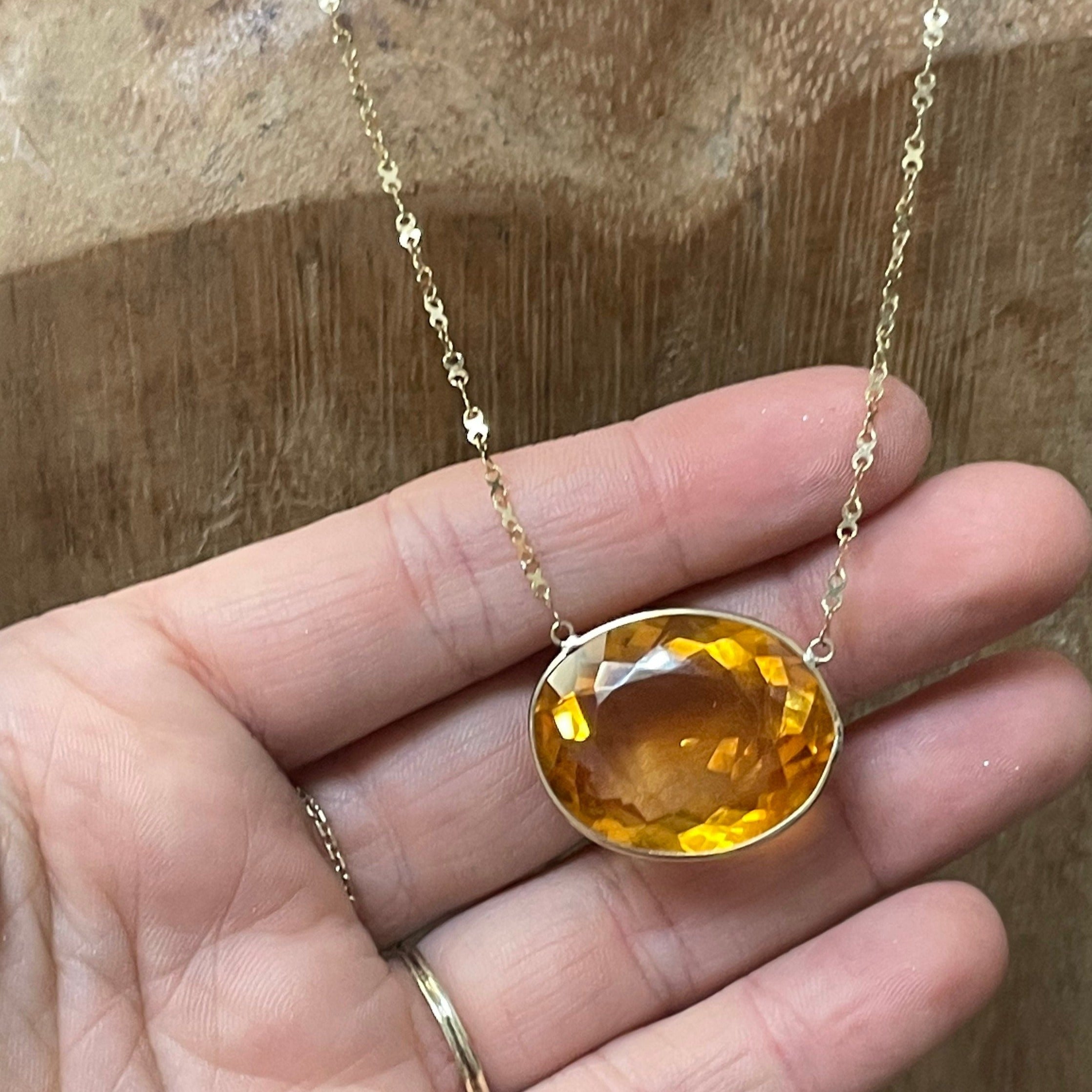 20CT Oval Citrine 16" 14K Yellow Gold Handmade Necklace