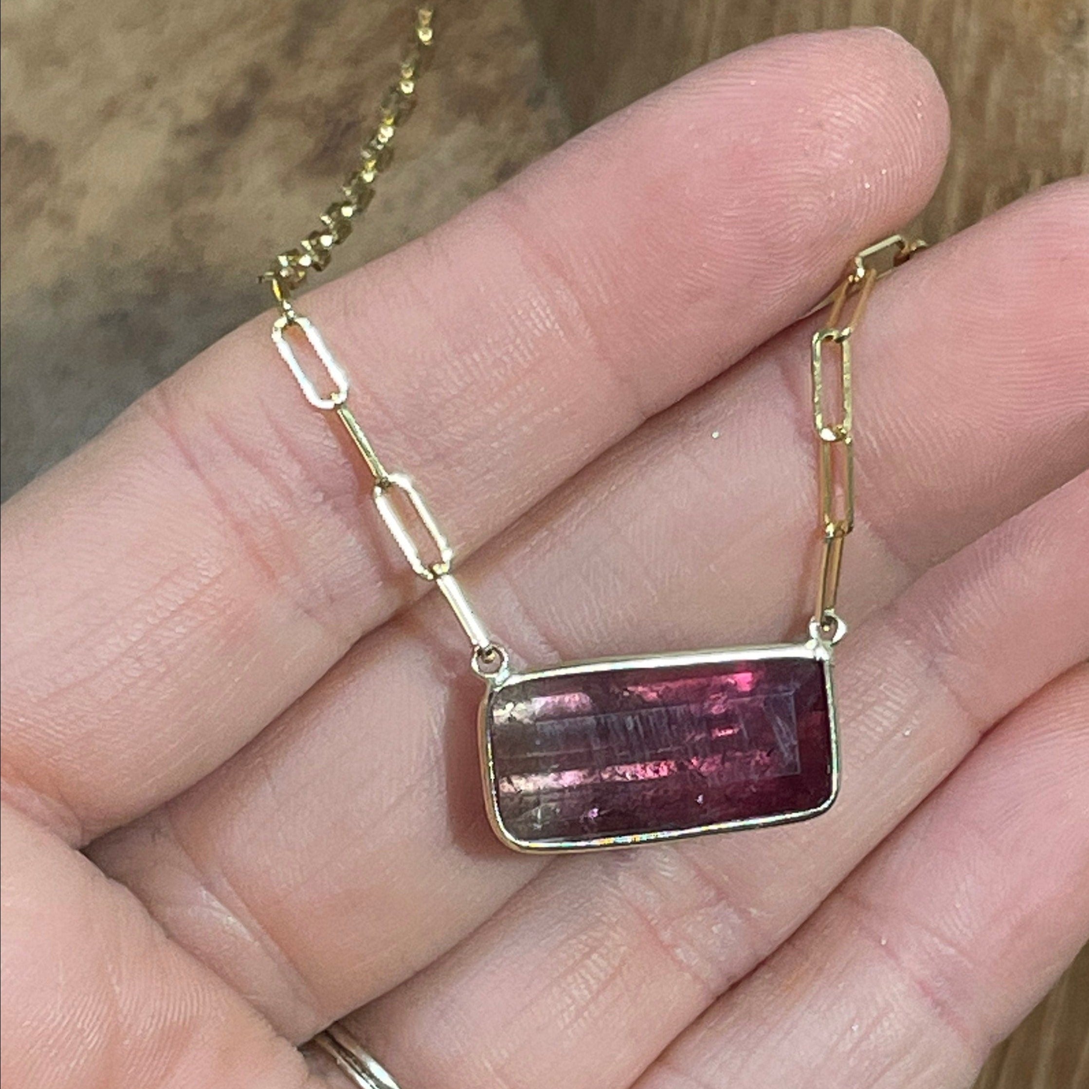 Bicolor Tourmaline 18.5" 14K Yellow Gold Handmade  Necklace
