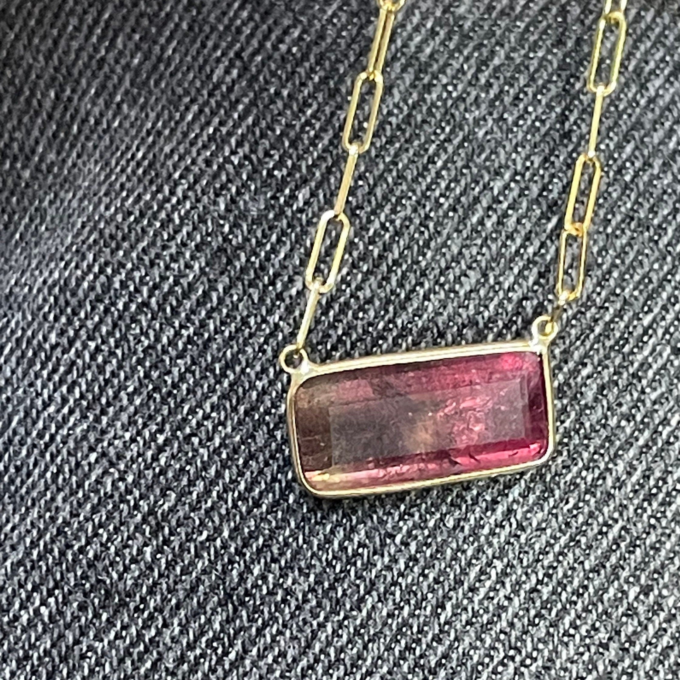 Bicolor Tourmaline 18.5" 14K Yellow Gold Handmade  Necklace
