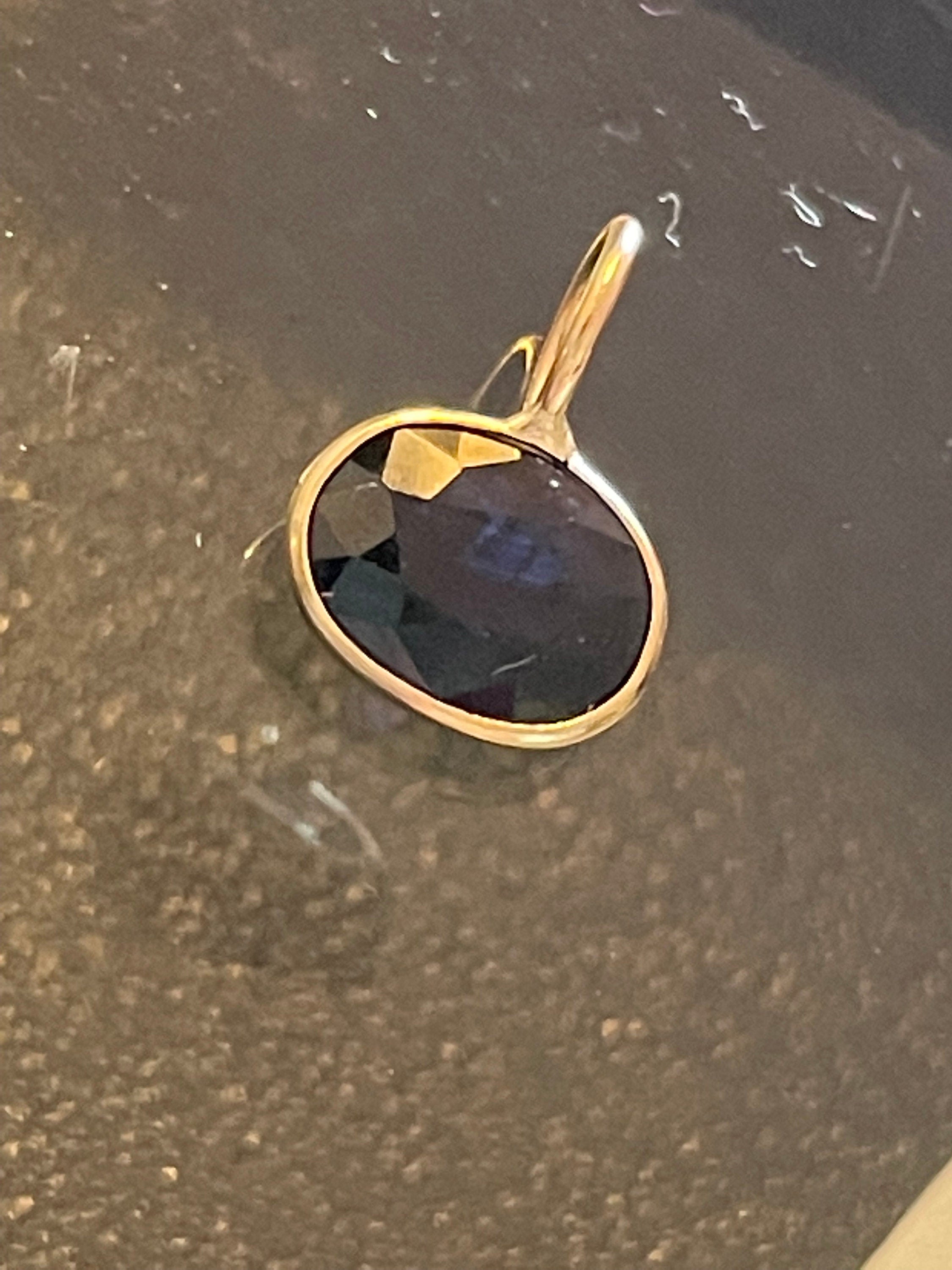 Natural Round Dark Blue Sapphire 1CT  14K Yellow Gold Bezeled Charm Pendant for Necklace 8x11mm