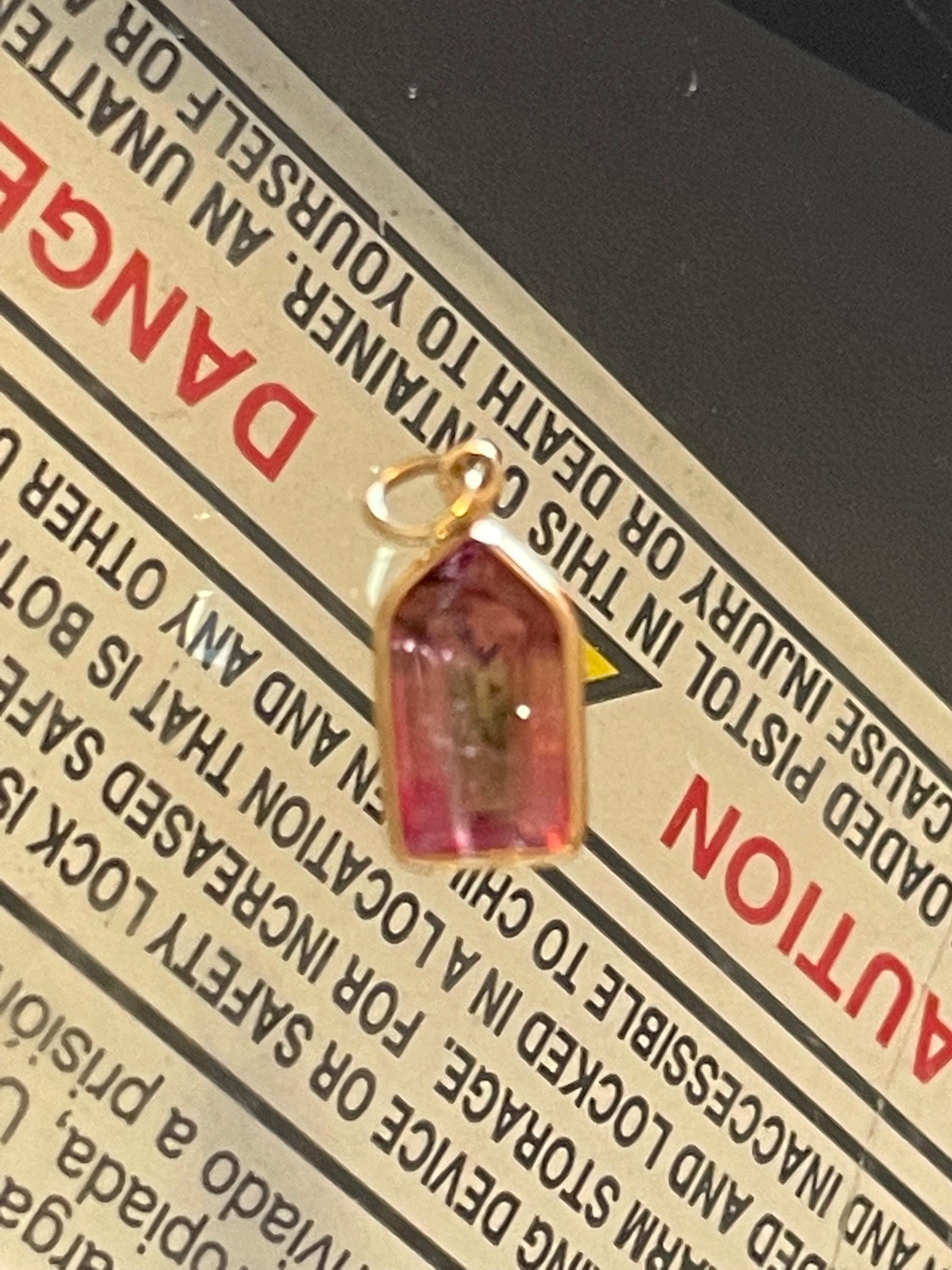 Fine 1.4CT Bi Color Natural Watermelon Tourmaline in Solid 14K Yellow Gold Pendant Charm 15x6mm