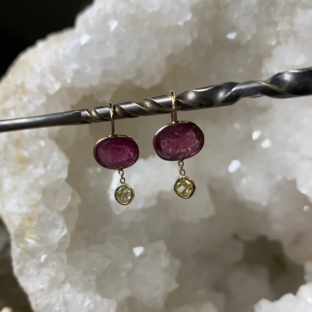 Oval Pink Tourmaline Yellow Cushion Diamond Solid 14K Yellow Gold Dangling Earrings
