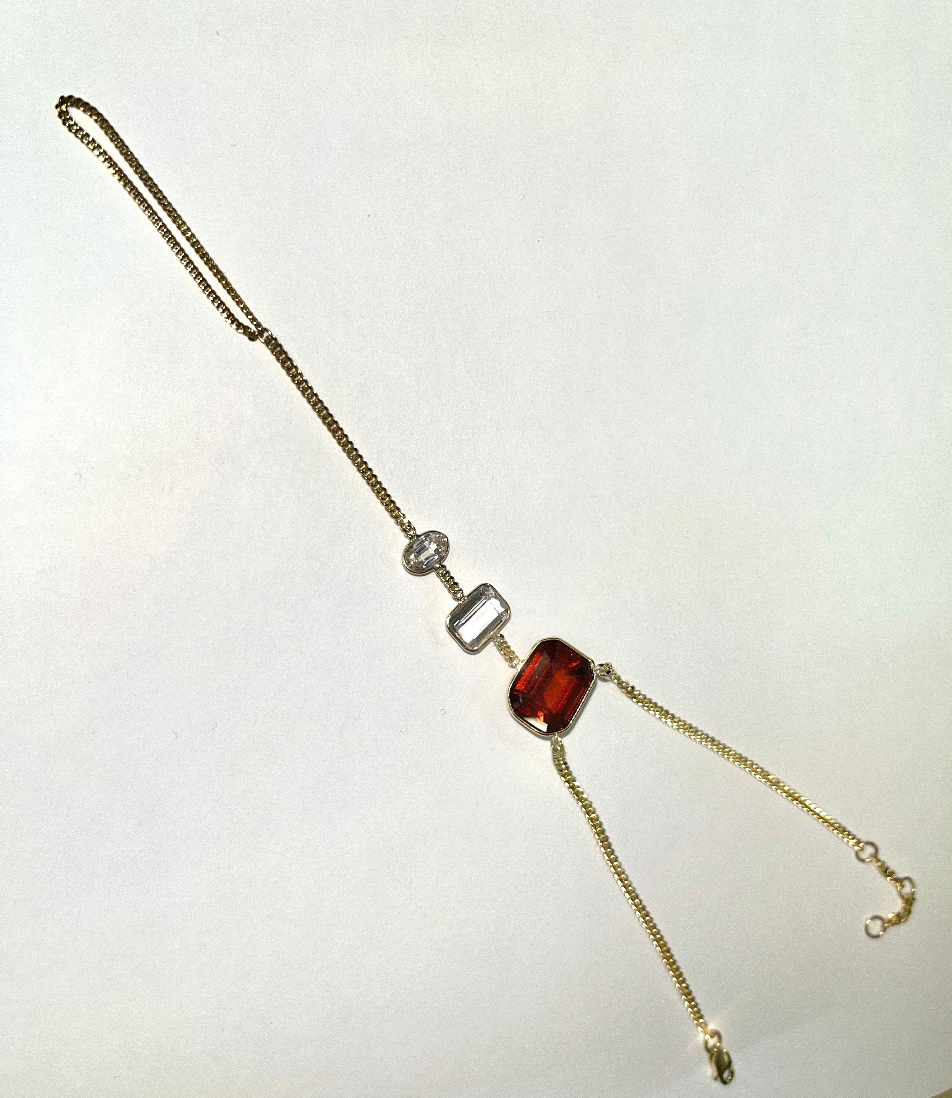 Red Labradorite, Kunzite and White Sapphire Hand Chain 14K Yellow Gold Curb Link