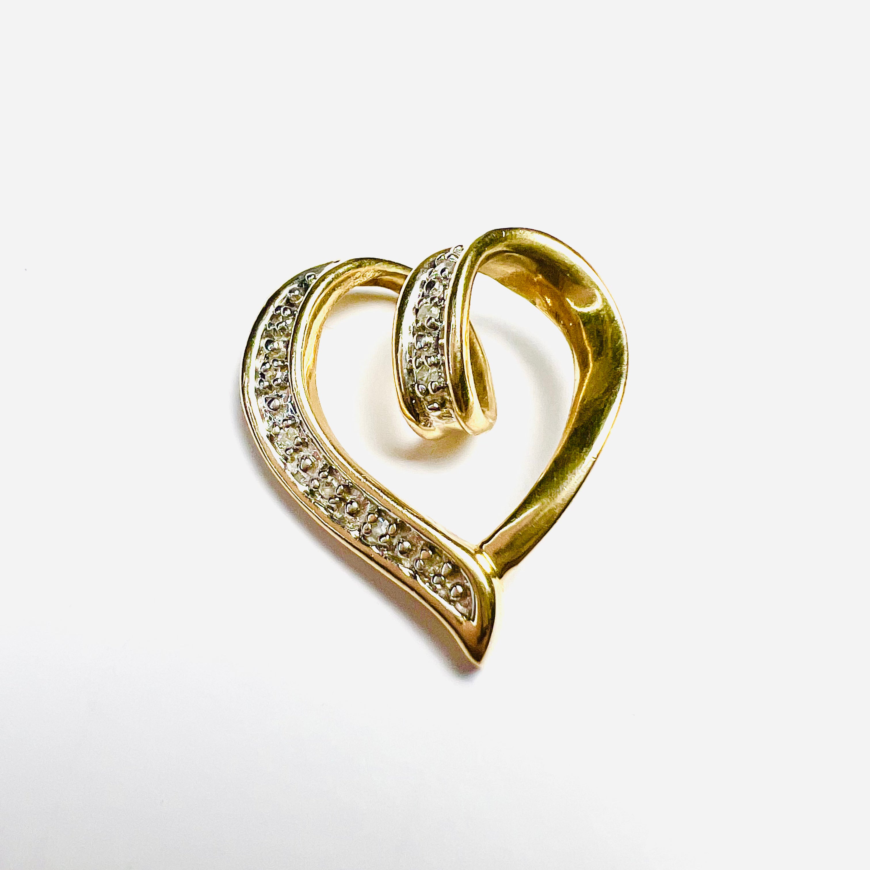 Solid 10K Yellow Gold Diamond Pave Heart Pendant Slide .87"
