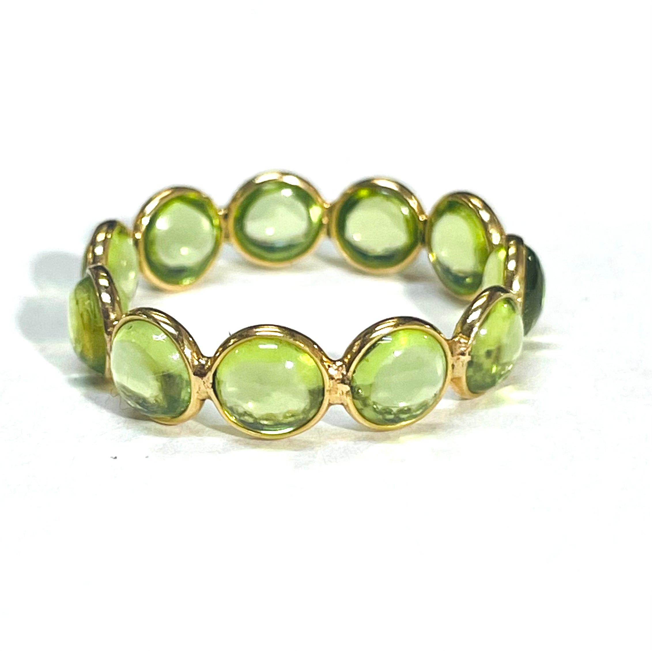 18K Yellow Gold Natural Round Cabochon Peridot Eternity Ring Size 6.25