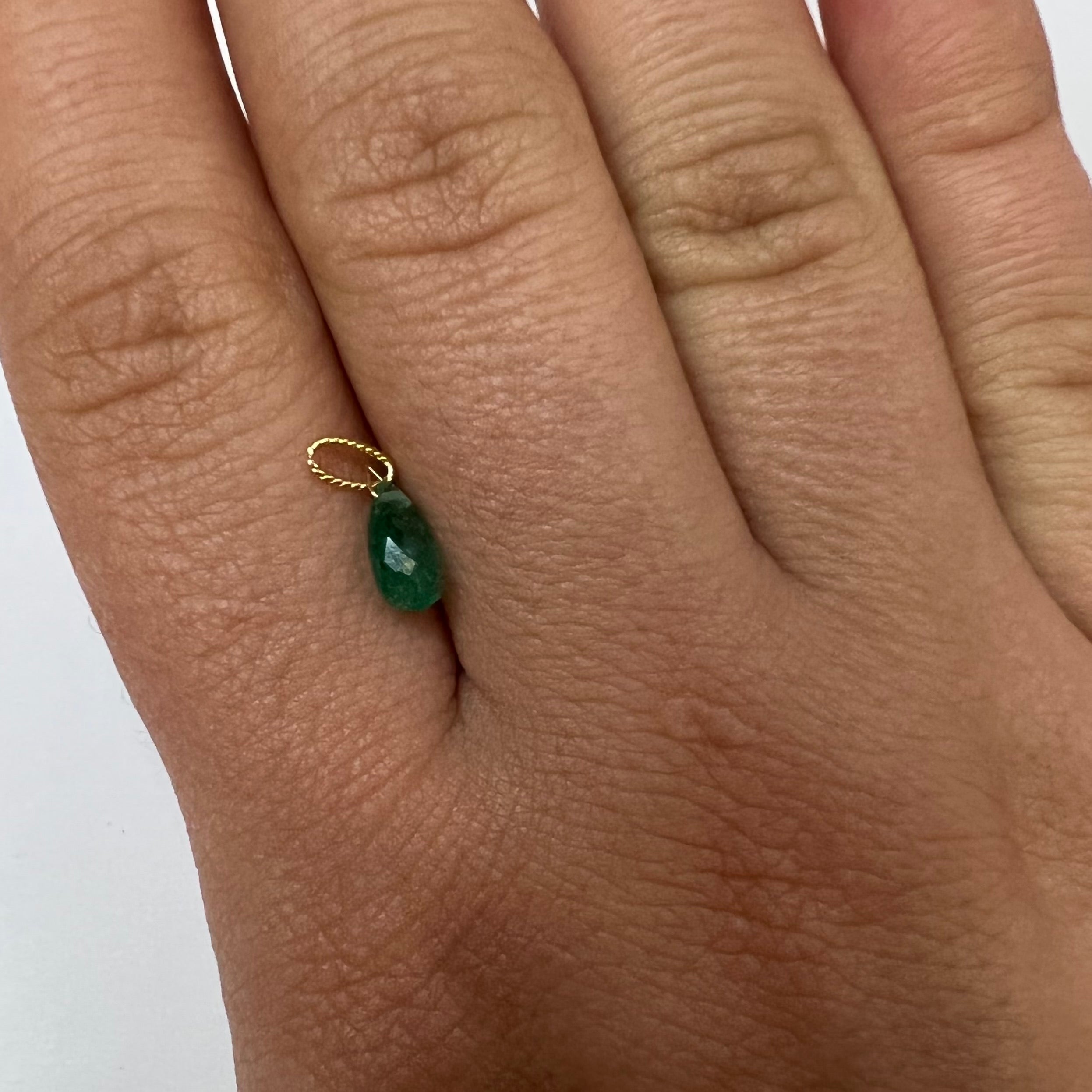 1CT Solid 14K Yellow Gold Briolette Emerald Twisted bail Charm 8x4.93x3.41mm