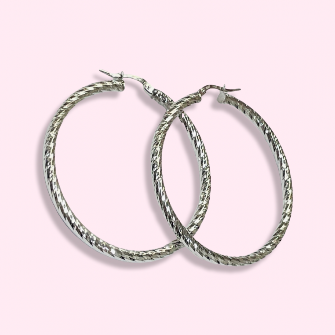 1.75” 3mm 10K White Gold Diamond Cut Round Hoop Earrings