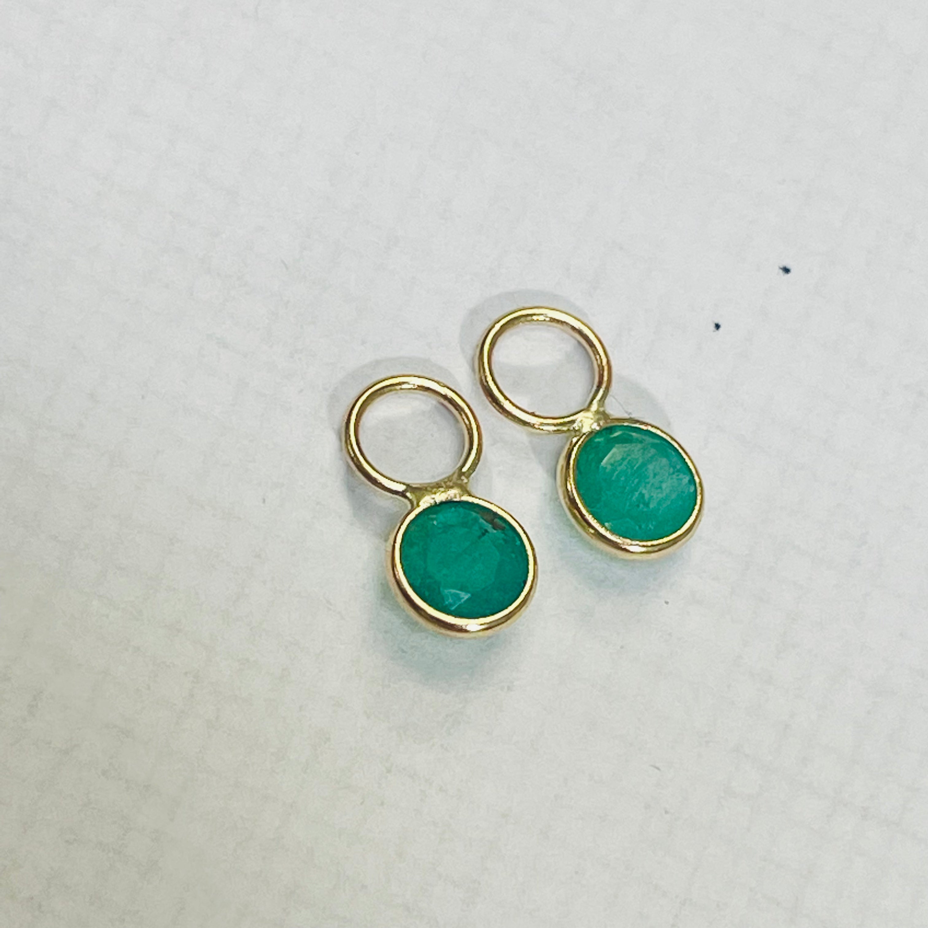 14K Yellow Gold Round Emerald Earring Charm Pair