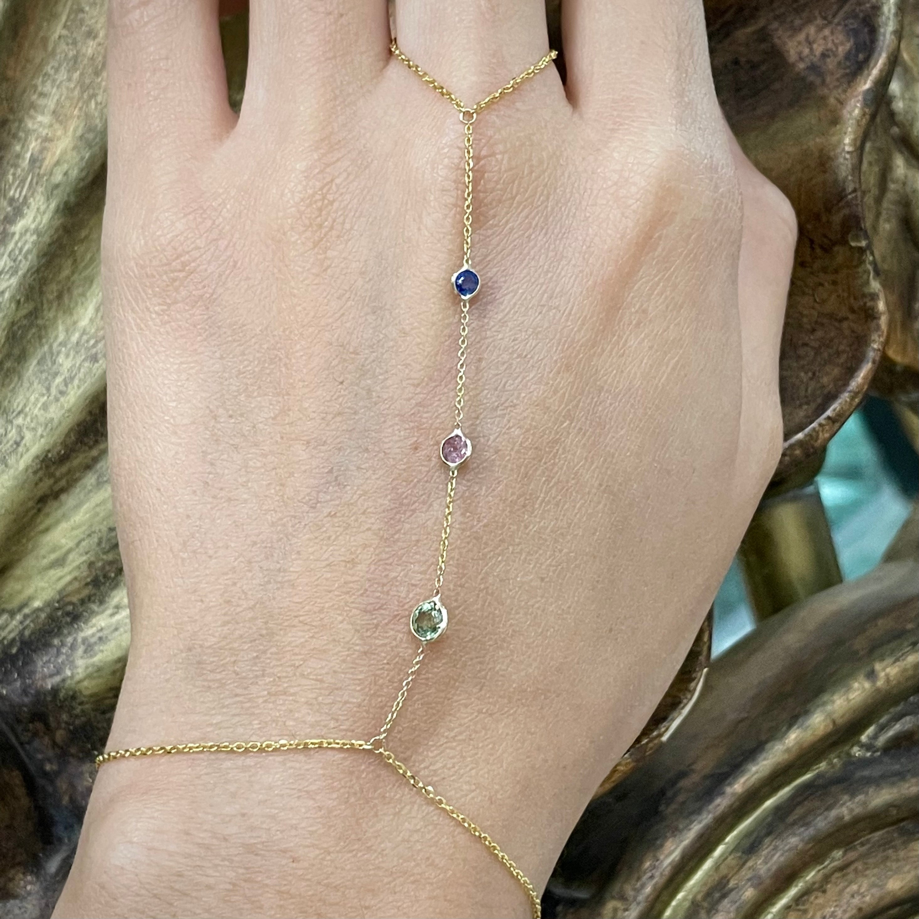 Multi-color Sapphires HandChain in solid 14k Yellow Gold