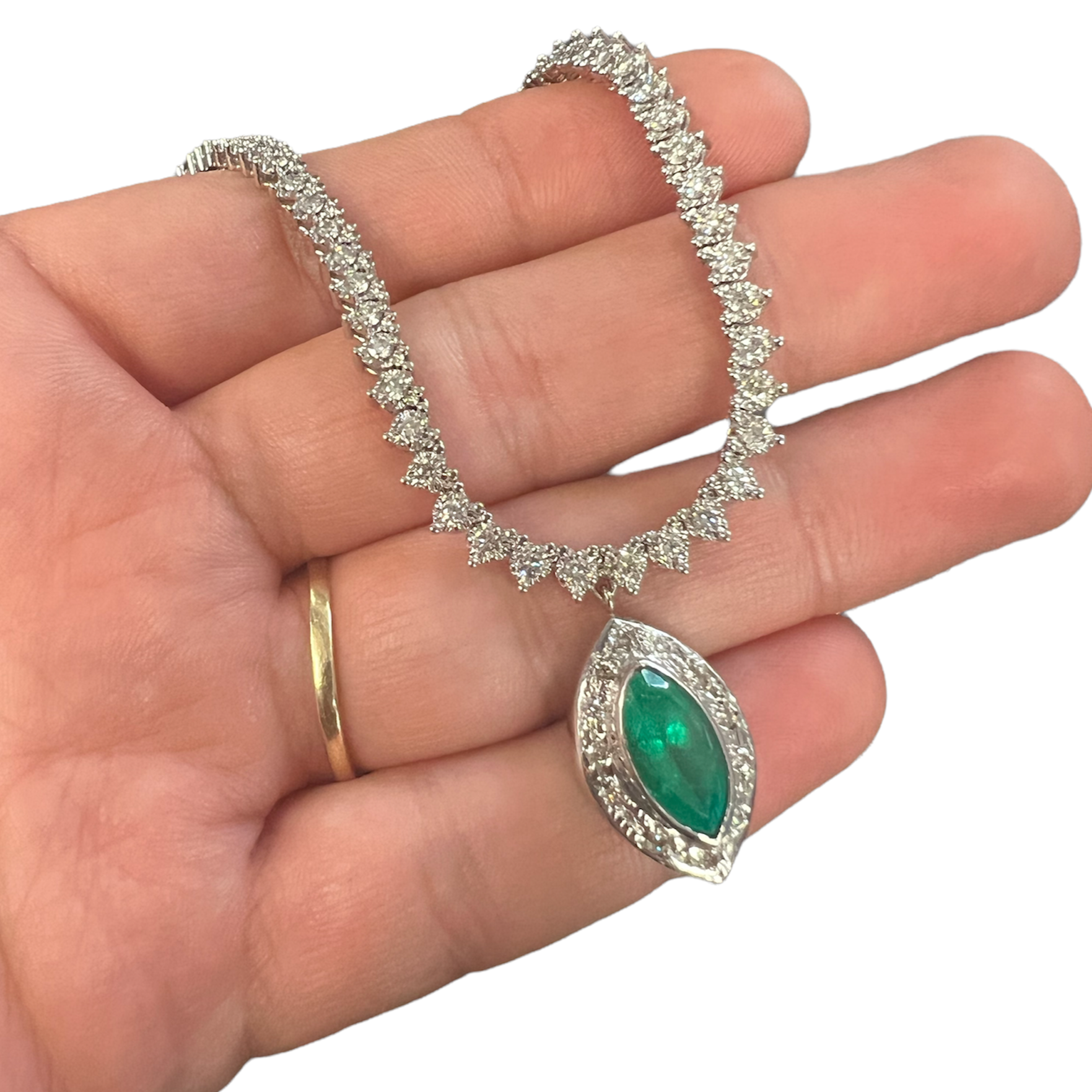2.3CTw Diamond Tennis Marquise Emerald Pendant Necklace 14K White Gold 18”