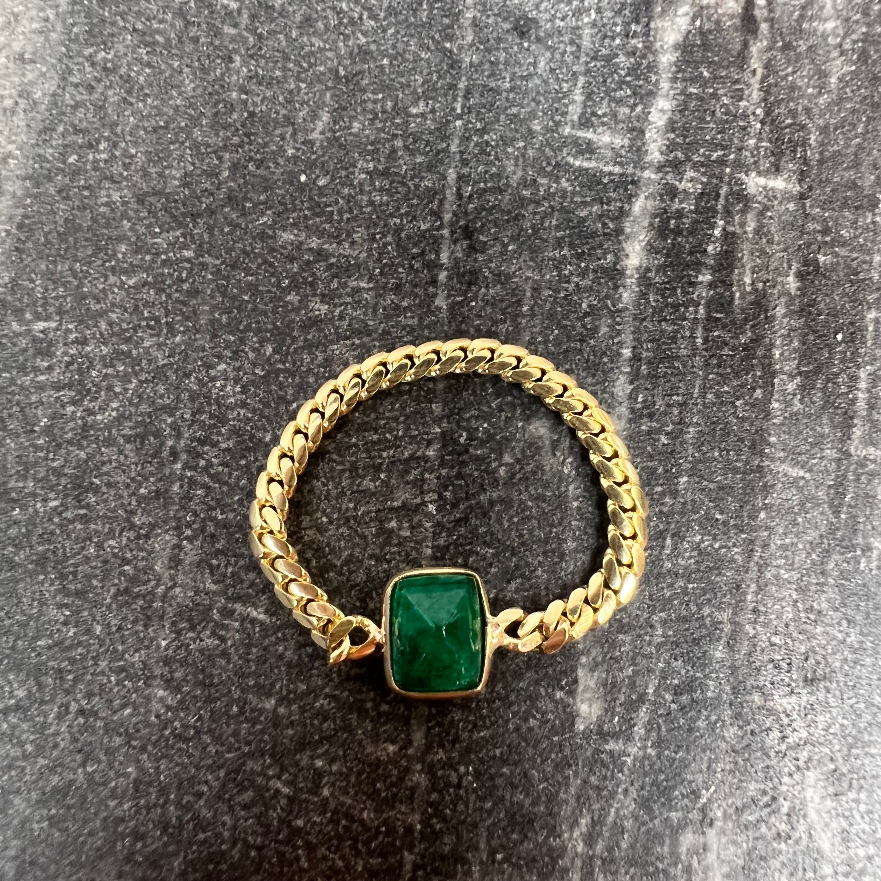 Solid 14K Yellow Gold Square Cabochon Emerald Cuban Chain Ring Size 7.5