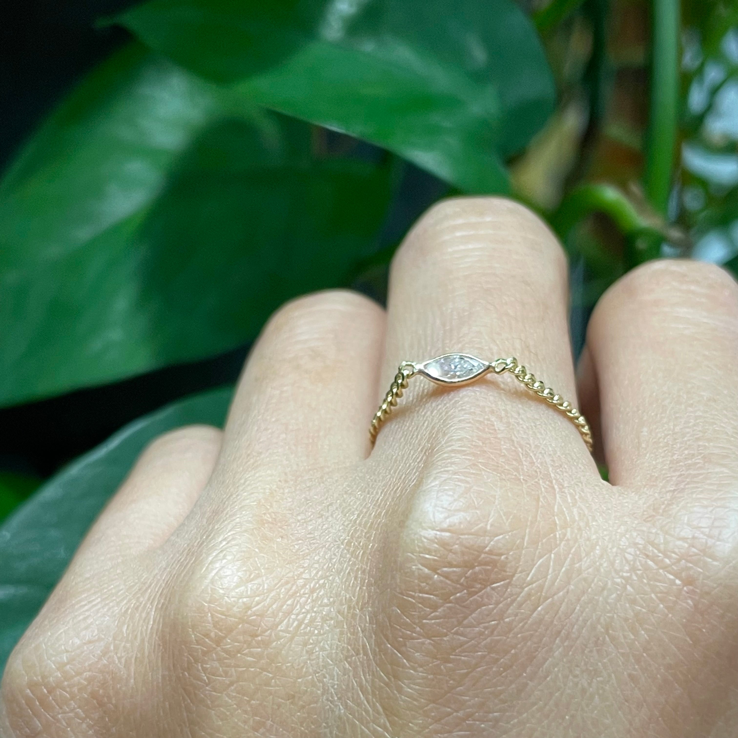 Solid 14K Yellow Gold Marquise Diamond Cuban Chain Ring Size 9.25
