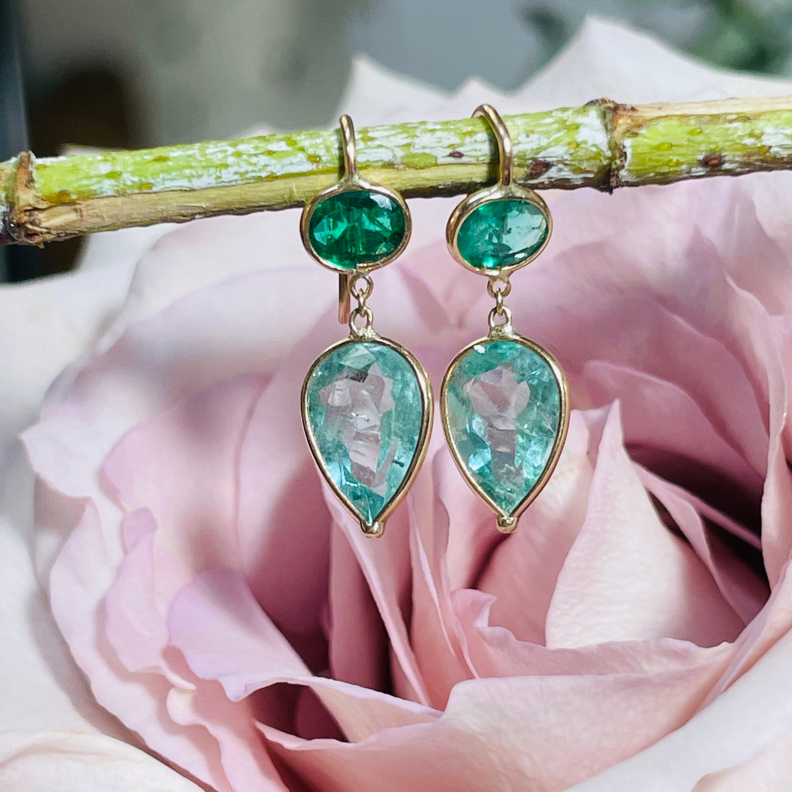 Natural Light and Dark Colombian Emerald 14K Yellow Gold Drop Earrings
