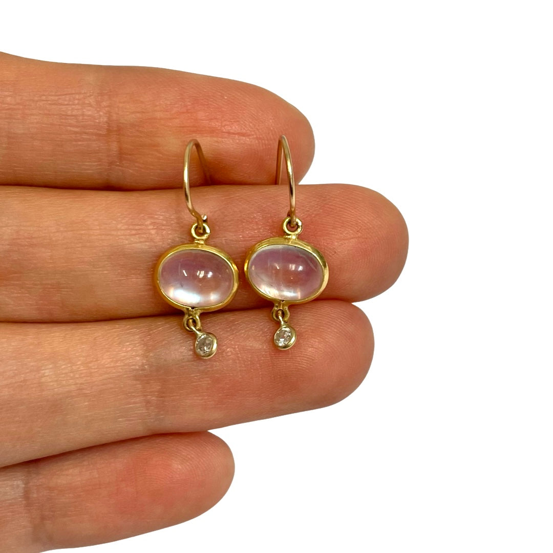 Diamond Moonstone Earrings in solid 14k Yellow Gold .9" Long