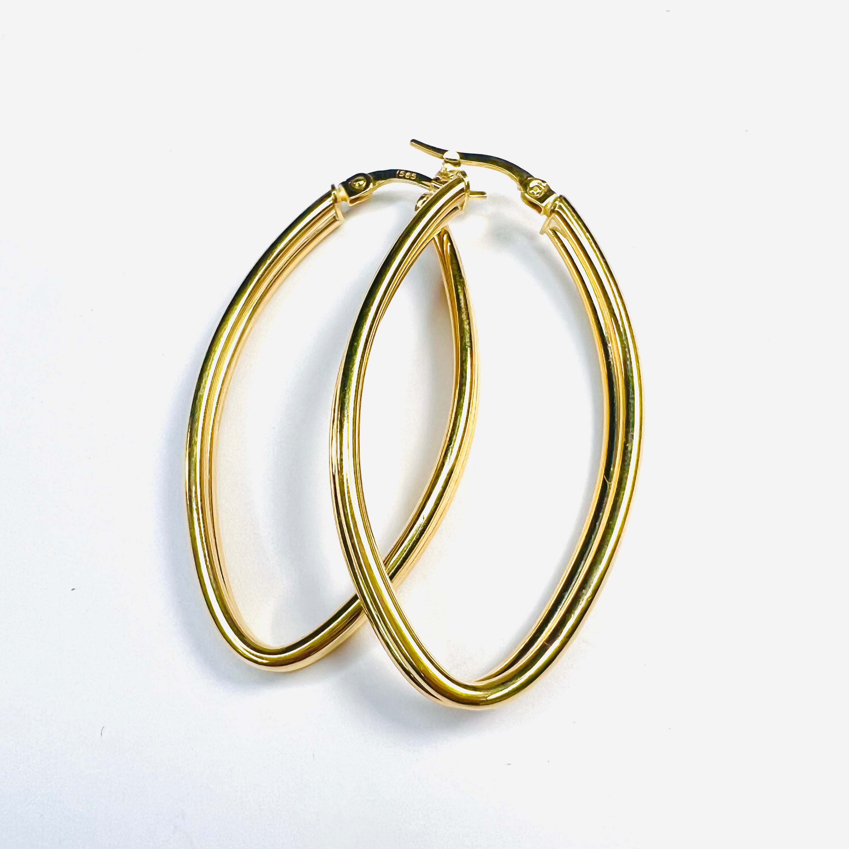 Beautiful New 14K Solid Yellow Gold Double Marquise Hoop Earrings 1.75"x.90"