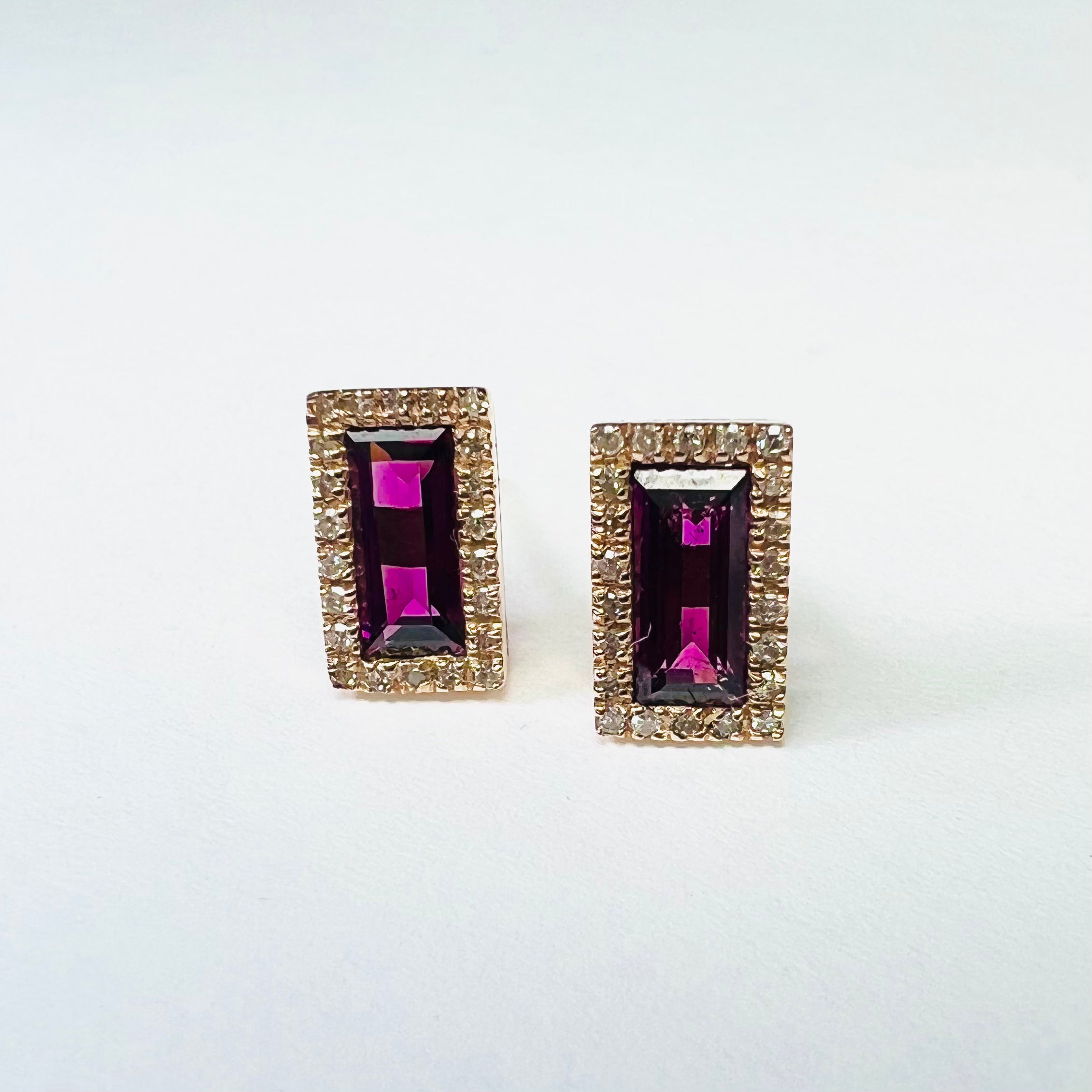 14K Rose Gold Diamond & Garnet Baguette Earring Studs 9x5mm
