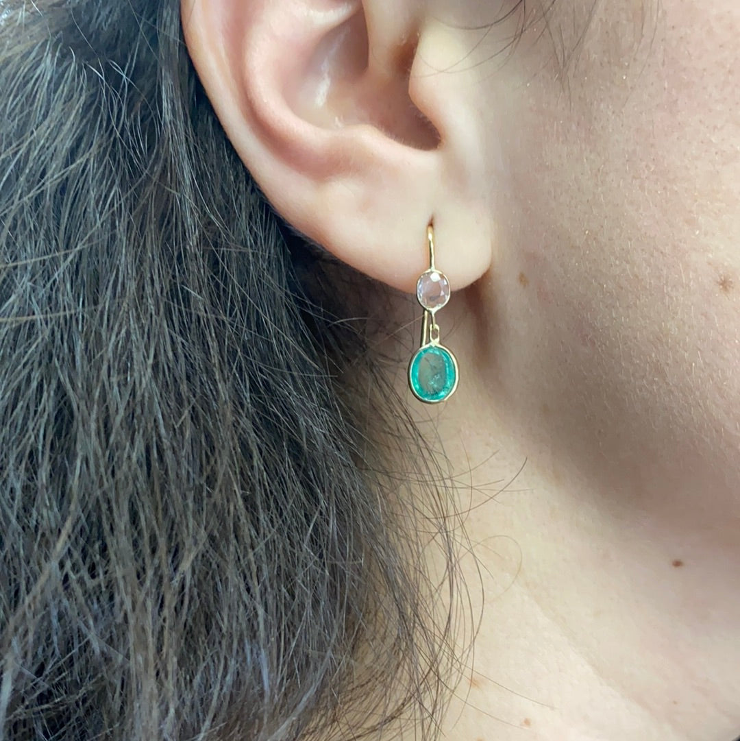 Emerald Cabochon and Rose Cut Diamond 14K Yellow Gold Drop Down Earrings